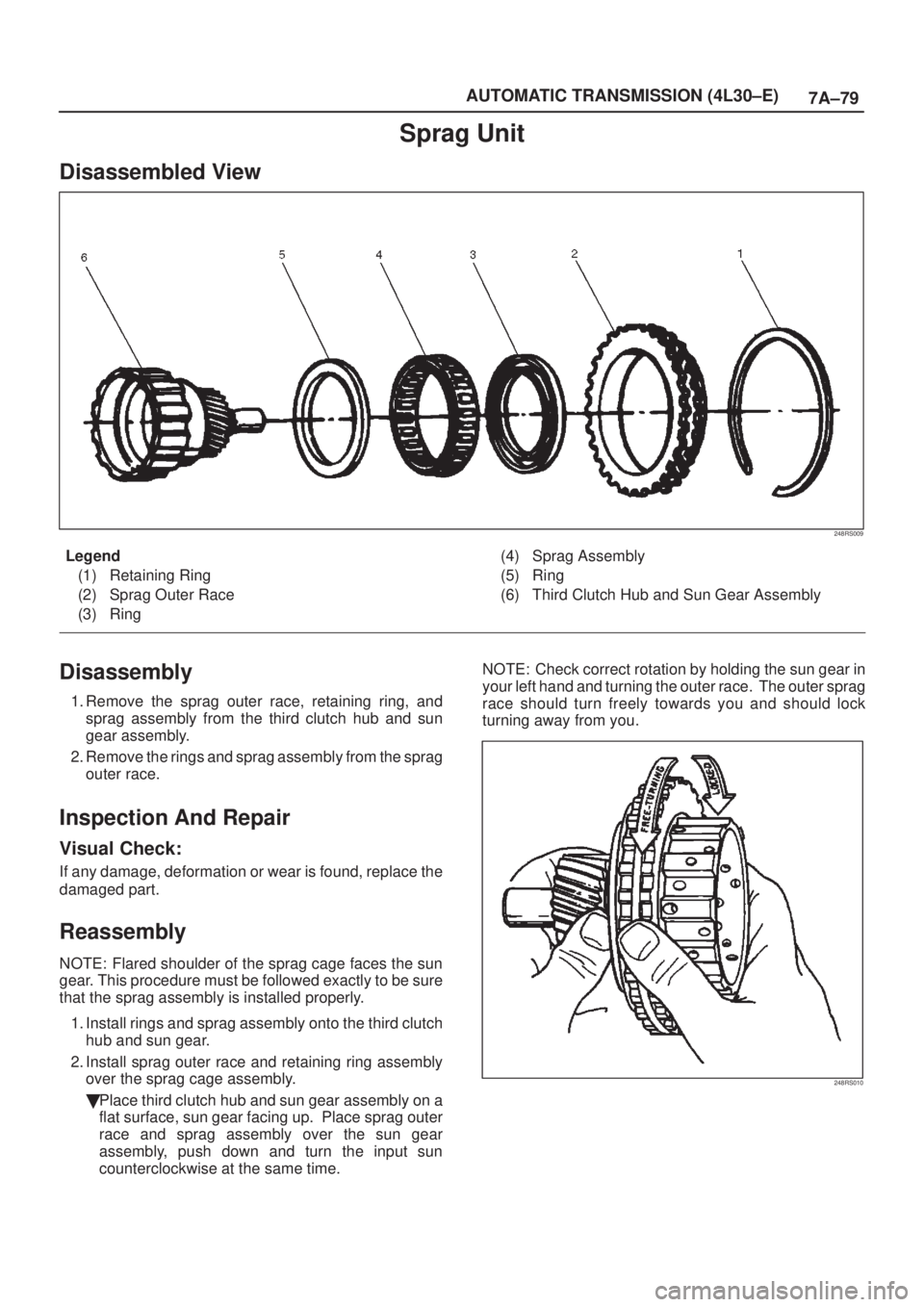 ISUZU AXIOM 2002 Service Repair Manual 7A±79 AUTOMATIC TRANSMISSION (4L30±E)
Sprag Unit
Disassembled View
248RS009
Legend
(1) Retaining Ring
(2) Sprag Outer Race
(3) Ring(4) Sprag Assembly
(5) Ring
(6) Third Clutch Hub and Sun Gear Assem ISUZU AXIOM 2002 Service Repair Manual 7A±79 AUTOMATIC TRANSMISSION (4L30±E)
Sprag Unit
Disassembled View
248RS009
Legend
(1) Retaining Ring
(2) Sprag Outer Race
(3) Ring(4) Sprag Assembly
(5) Ring
(6) Third Clutch Hub and Sun Gear Assem