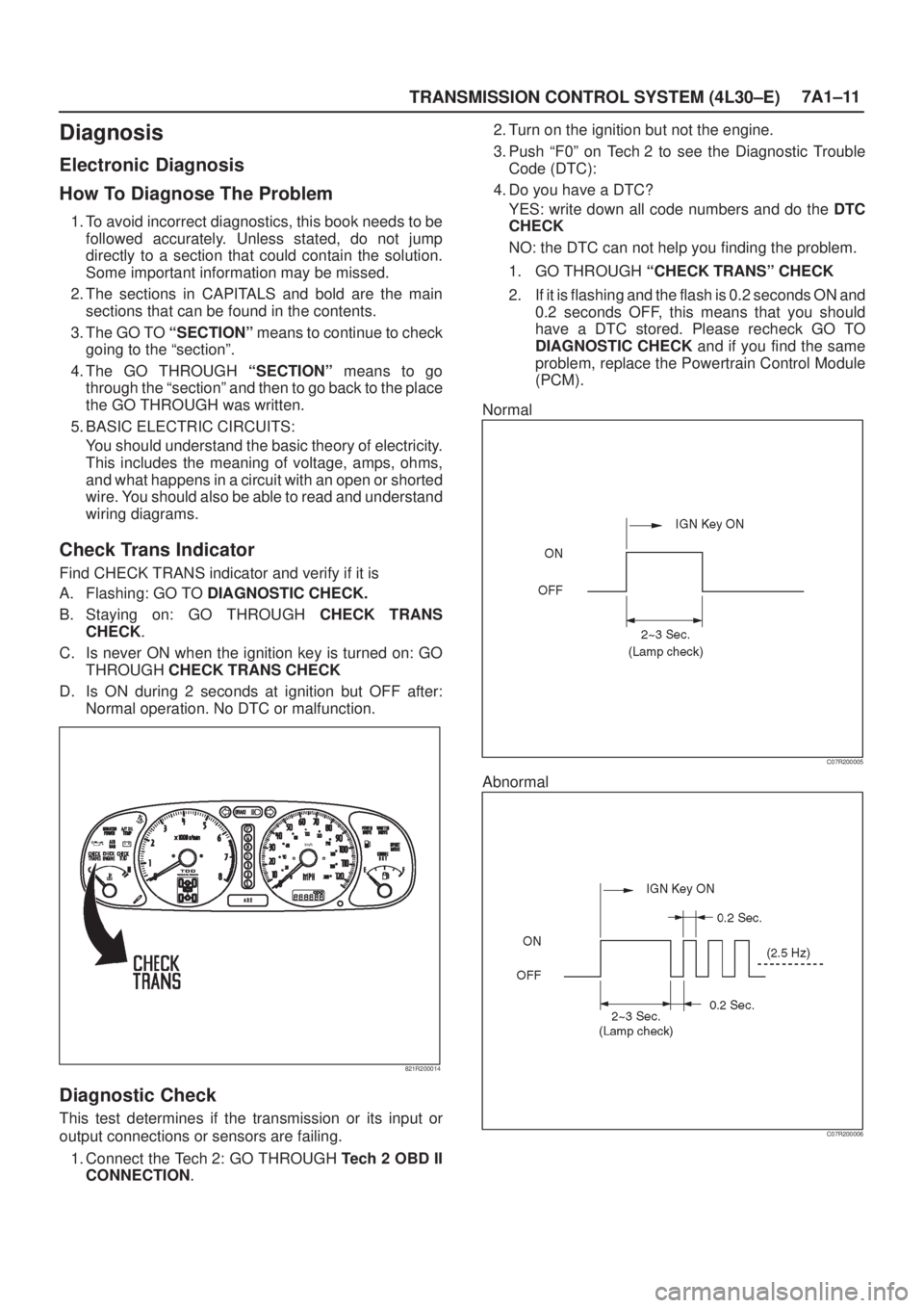 ISUZU AXIOM 2002  Service Repair Manual TRANSMISSION CONTROL SYSTEM (4L30±E)7A1±11
Diagnosis
Electronic Diagnosis
How To Diagnose The Problem
1. To avoid incorrect diagnostics, this book needs to be
followed accurately. Unless stated, do 