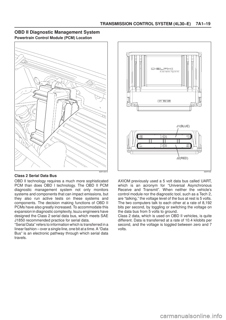 ISUZU AXIOM 2002  Service Repair Manual TRANSMISSION CONTROL SYSTEM (4L30±E)7A1±19
OBD II Diagnostic Management System
Powertrain Control Module (PCM) Location
825R100018826RY002
Class 2 Serial Data Bus
OBD II technology requires a much m