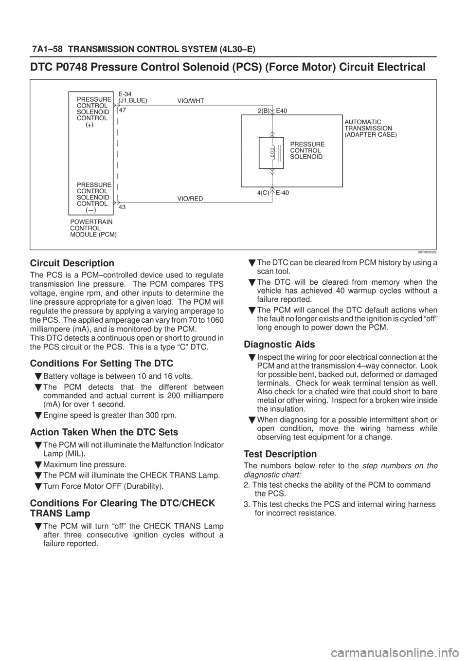 ISUZU AXIOM 2002  Service Repair Manual 7A1±58
TRANSMISSION CONTROL SYSTEM (4L30±E)
DTC P0748 Pressure Control Solenoid (PCS) (Force Motor) Circuit Electrical
D07R200009
Circuit Description
The PCS is a PCM±controlled device used to regu
