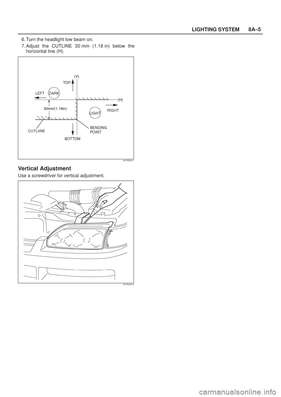 ISUZU AXIOM 2002  Service Repair Manual LIGHTING SYSTEM8A±5
6. Turn the headlight low beam on.
7. Adjust the CUTLINE 30 mm (1.18 in) below the
horizontal line (H).
801R200011
Vertical Adjustment
Use a screwdriver for vertical adjustment.
8