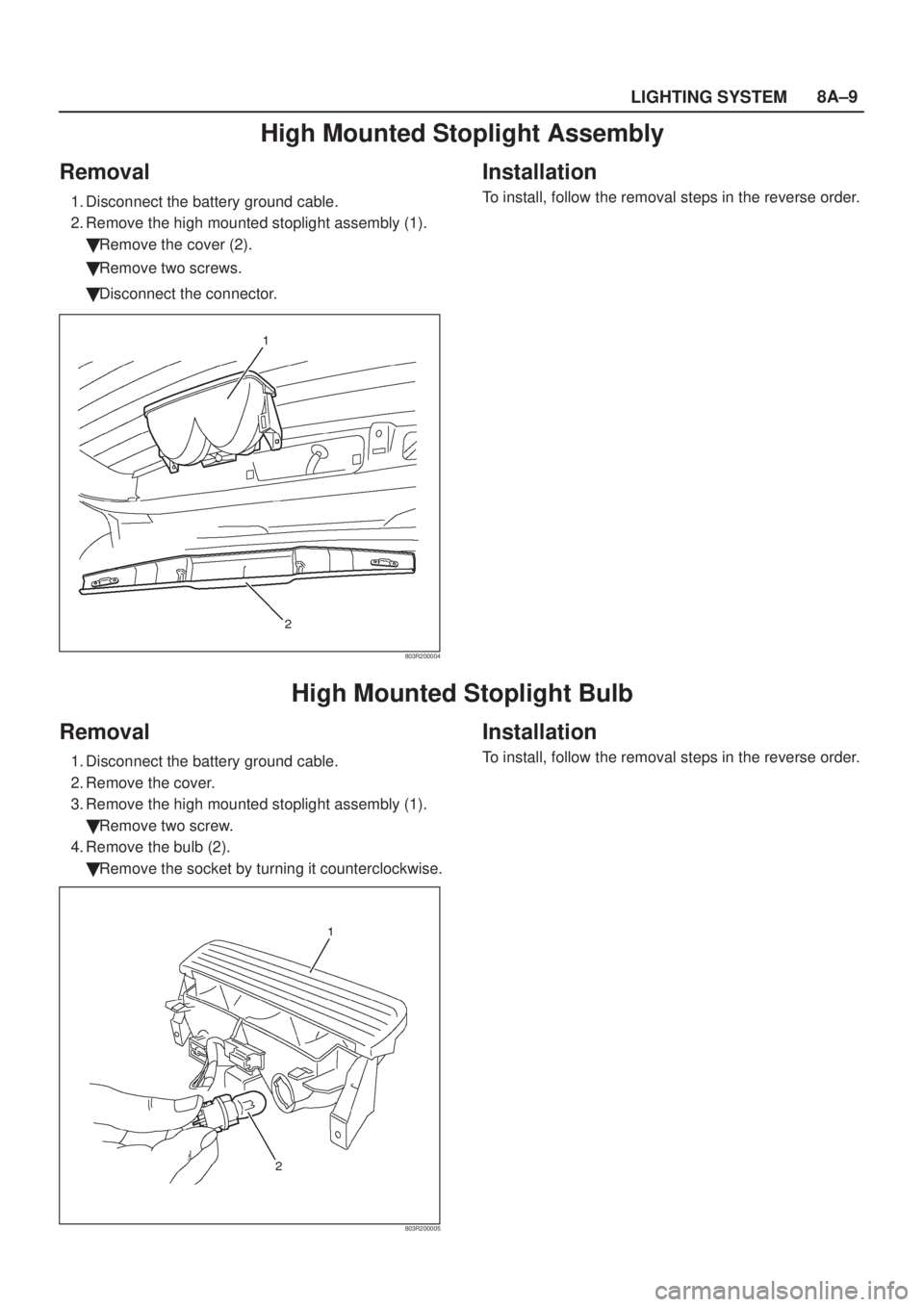 ISUZU AXIOM 2002  Service Repair Manual LIGHTING SYSTEM8A±9
High Mounted Stoplight Assembly
Removal
1. Disconnect the battery ground cable.
2. Remove the high mounted stoplight assembly (1).
Remove the cover (2).
Remove two screws.
Disc