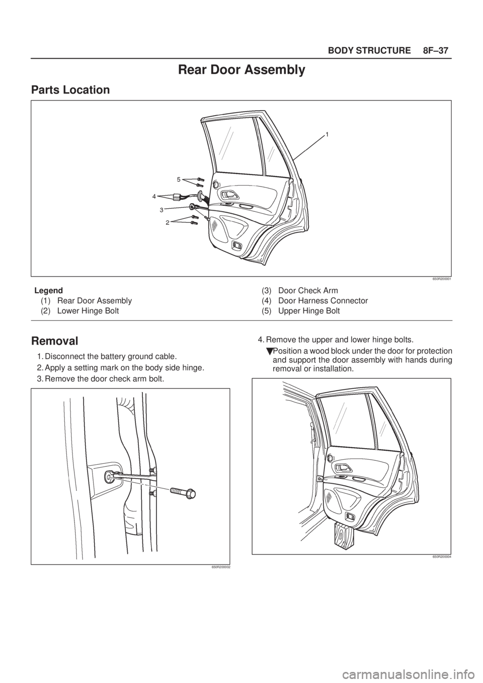 ISUZU AXIOM 2002  Service Repair Manual 8F±37 BODY STRUCTURE
Rear Door Assembly
Parts Location
650R200001
Legend
(1) Rear Door Assembly
(2) Lower Hinge Bolt(3) Door Check Arm
(4) Door Harness Connector
(5) Upper Hinge Bolt
Removal
1. Disco