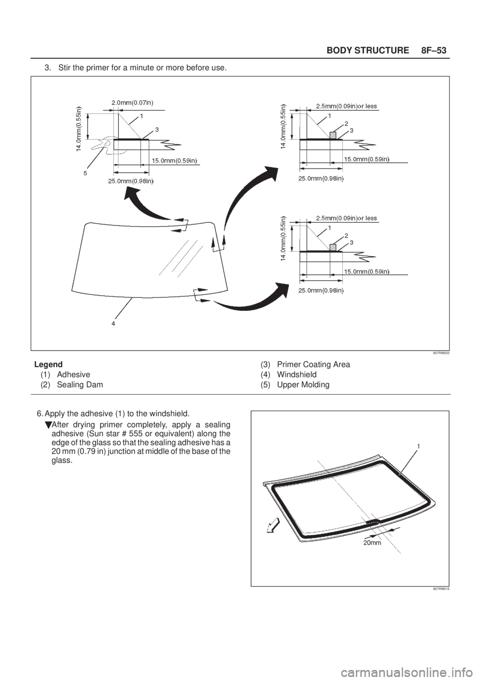 ISUZU AXIOM 2002  Service Repair Manual 8F±53 BODY STRUCTURE
3. Stir the primer for a minute or more before use.
607RW003
Legend
(1) Adhesive
(2) Sealing Dam(3) Primer Coating Area
(4) Windshield
(5) Upper Molding
6. Apply the adhesive (1)