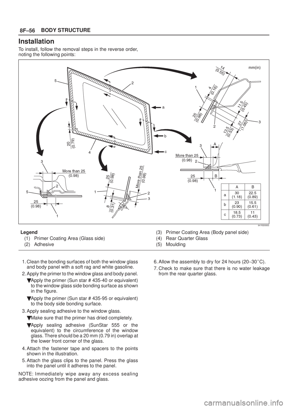 ISUZU AXIOM 2002  Service Repair Manual 8F±56BODY STRUCTURE
Installation
To install, follow the removal steps in the reverse order,
noting the following points:
641R200003
Legend
(1) Primer Coating Area (Glass side)
(2) Adhesive(3) Primer 