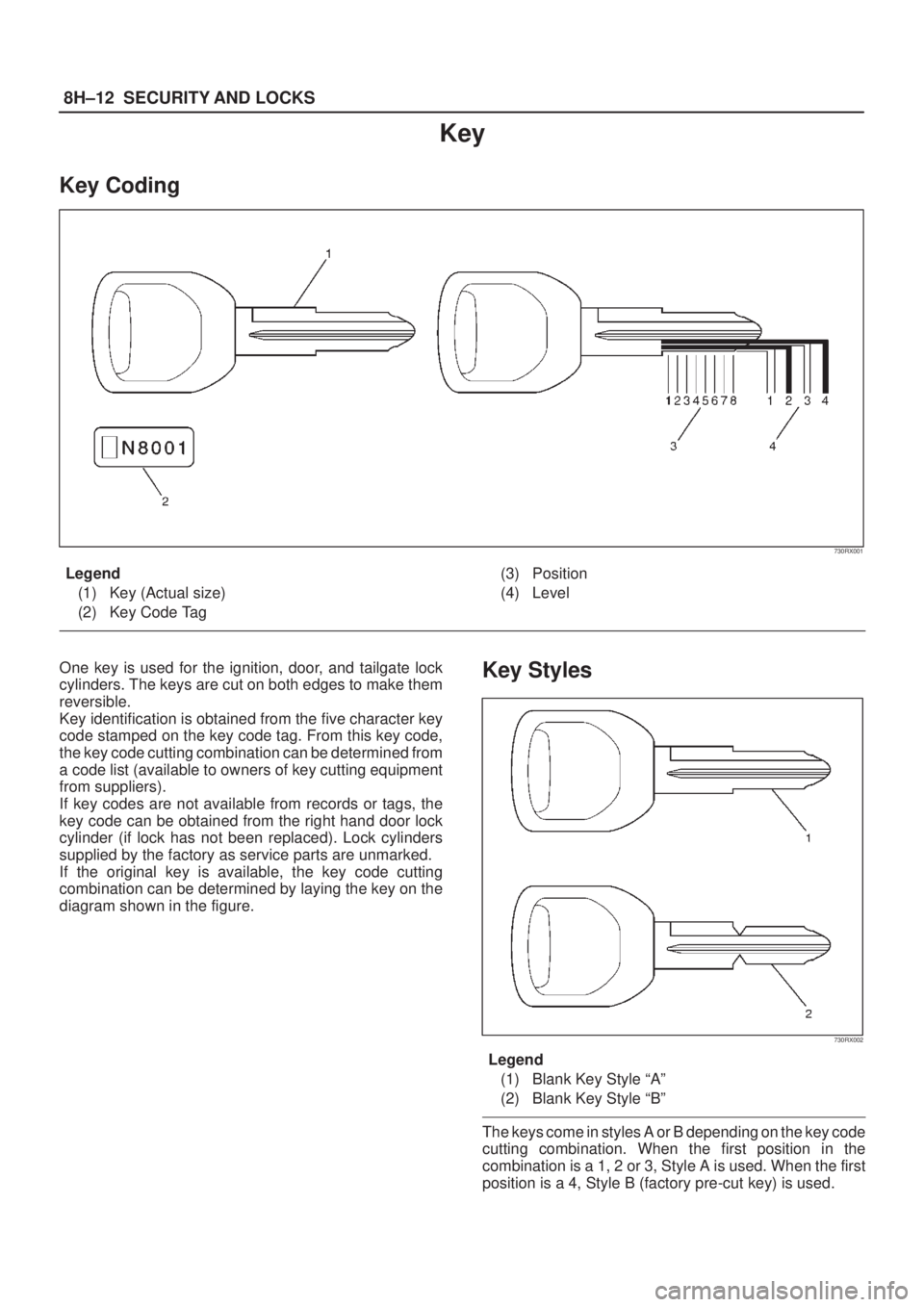 ISUZU AXIOM 2002  Service Repair Manual 8H±12SECURITY AND LOCKS
Key
Key Coding
730RX001
Legend
(1) Key (Actual size)
(2) Key Code Tag(3) Position
(4) Level
One key is used for the ignition, door, and tailgate lock
cylinders. The keys are c