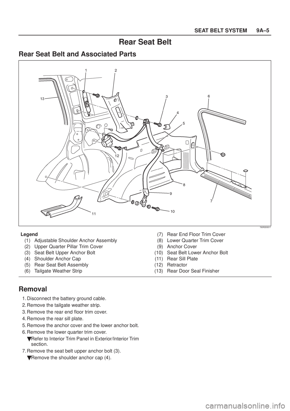ISUZU AXIOM 2002  Service Repair Manual SEAT BELT SYSTEM9A±5
Rear Seat Belt
Rear Seat Belt and Associated Parts
760R200017
Legend
(1) Adjustable Shoulder Anchor Assembly
(2) Upper Quarter Pillar Trim Cover
(3) Seat Belt Upper Anchor Bolt
(