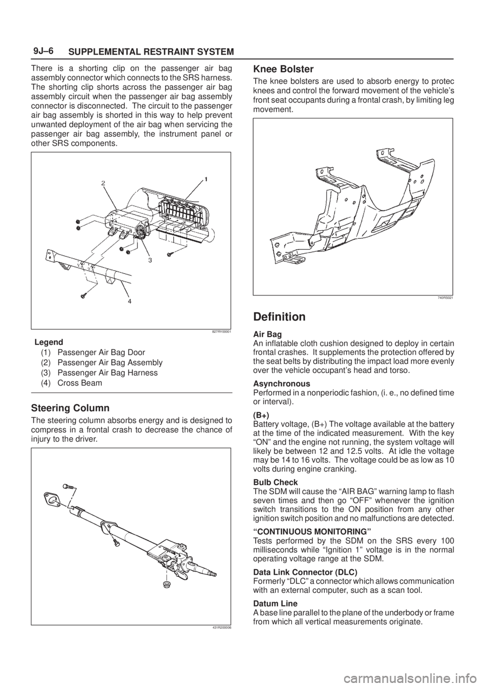 ISUZU AXIOM 2002 Service Repair Manual SUPPLEMENTAL RESTRAINT SYSTEM 9J±6
There is a shorting clip on the passenger air bag
assembly connector which connects to the SRS harness.
The shorting clip shorts across the passenger air bag
assemb ISUZU AXIOM 2002 Service Repair Manual SUPPLEMENTAL RESTRAINT SYSTEM 9J±6
There is a shorting clip on the passenger air bag
assembly connector which connects to the SRS harness.
The shorting clip shorts across the passenger air bag
assemb