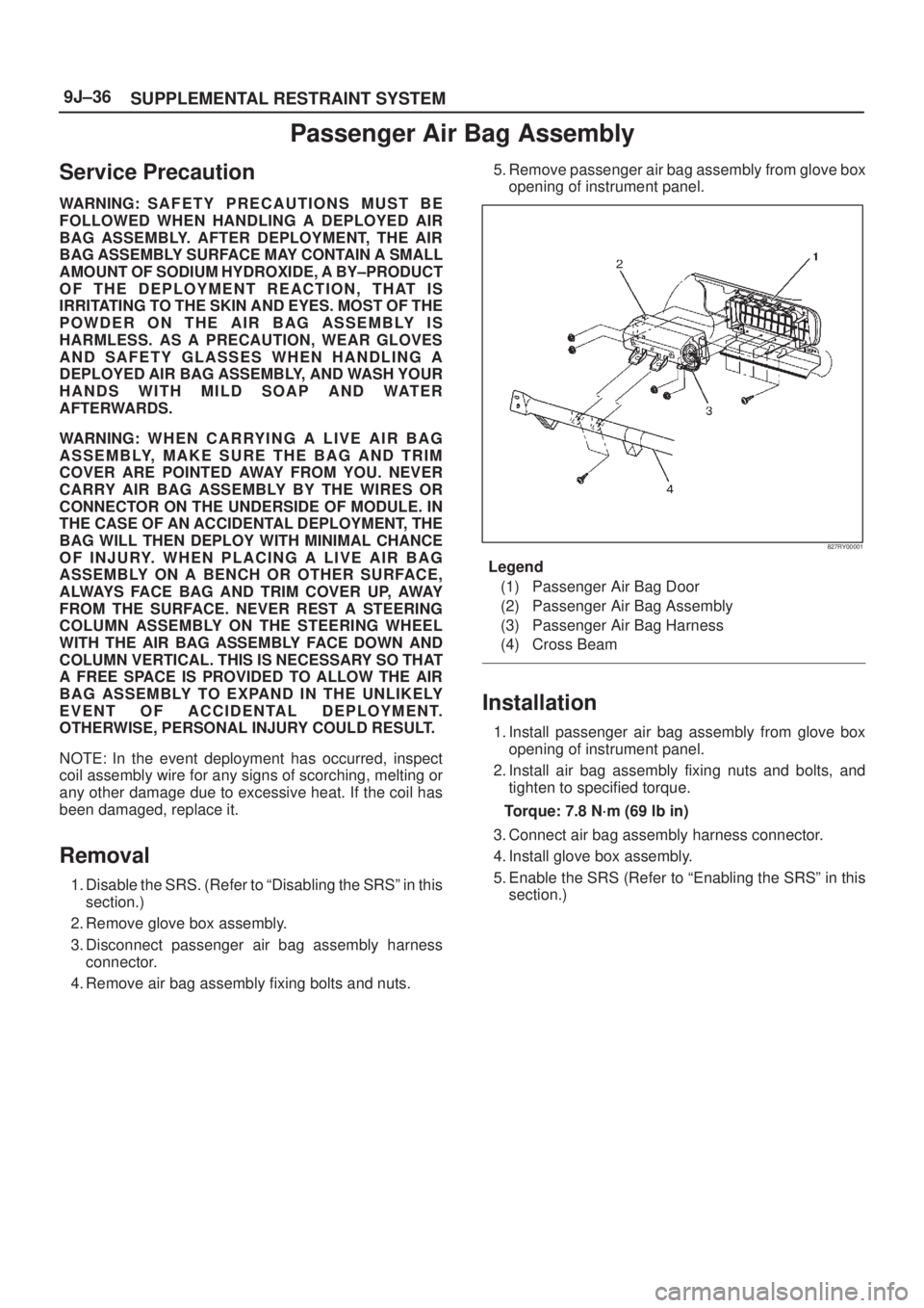 ISUZU AXIOM 2002  Service Repair Manual SUPPLEMENTAL RESTRAINT SYSTEM 9J±36
Passenger Air Bag Assembly
Service Precaution
WARNING: S A F E T Y P R ECAUTIONS MUST BE
FOLLOWED WHEN HANDLING A DEPLOYED AIR
BAG ASSEMBLY. AFTER DEPLOYMENT, THE 