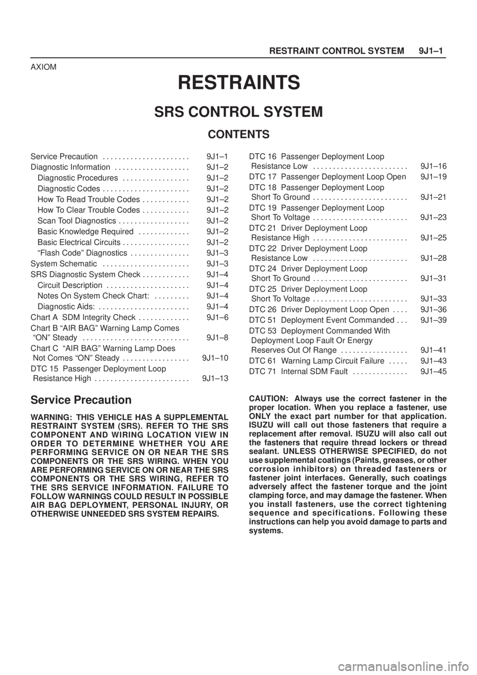 ISUZU AXIOM 2002  Service Repair Manual 9J1±1
RESTRAINT CONTROL SYSTEM
AXIOM
RESTRAINTS
SRS CONTROL SYSTEM
CONTENTS
Service Precaution 9J1±1. . . . . . . . . . . . . . . . . . . . . . 
Diagnostic Information 9J1±2. . . . . . . . . . . . 