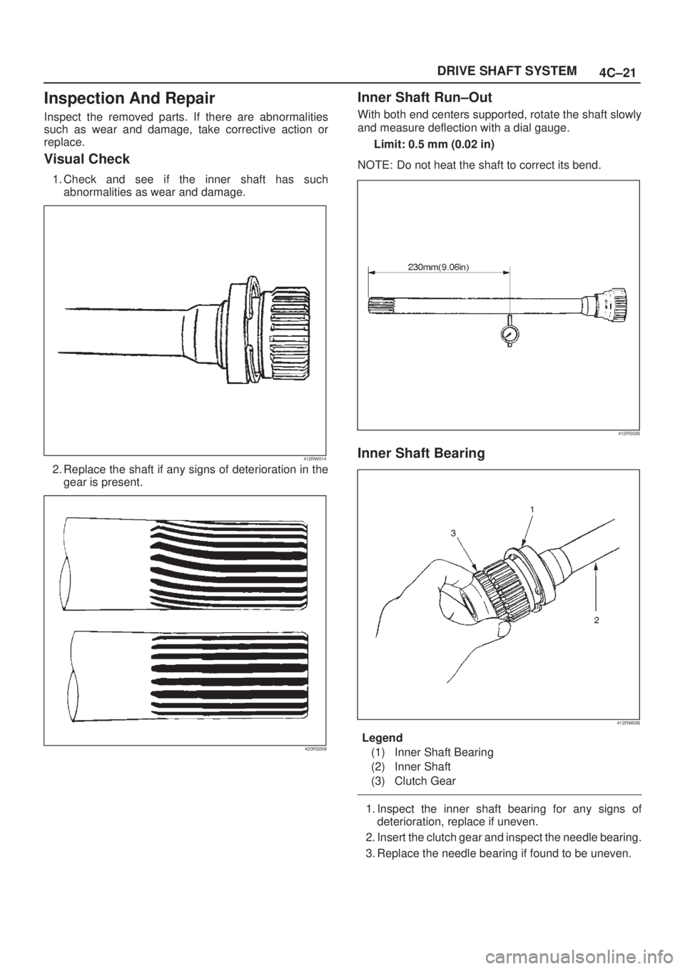 ISUZU AXIOM 2002  Service Repair Manual 4C±21 DRIVE SHAFT SYSTEM
Inspection And Repair
Inspect the removed parts. If there are abnormalities
such as wear and damage, take corrective action or
replace.
Visual Check
1. Check and see if the i