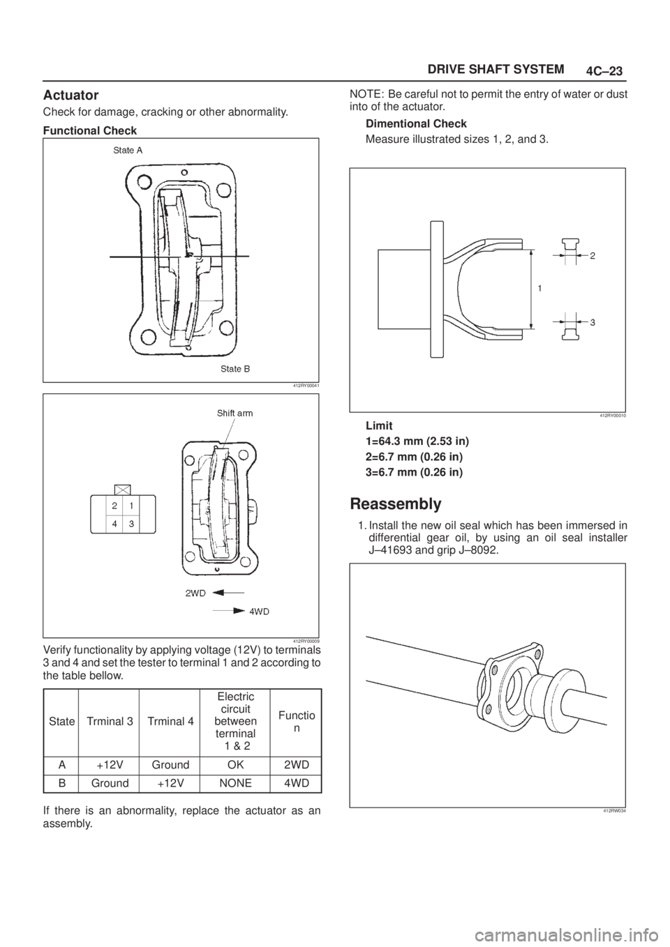 ISUZU AXIOM 2002  Service Repair Manual 4C±23 DRIVE SHAFT SYSTEM
Actuator
Check for damage, cracking or other abnormality.
Functional Check
412RY00041
412RY00009Verify functionality by applying voltage (12V) to terminals
3 and 4 and set th