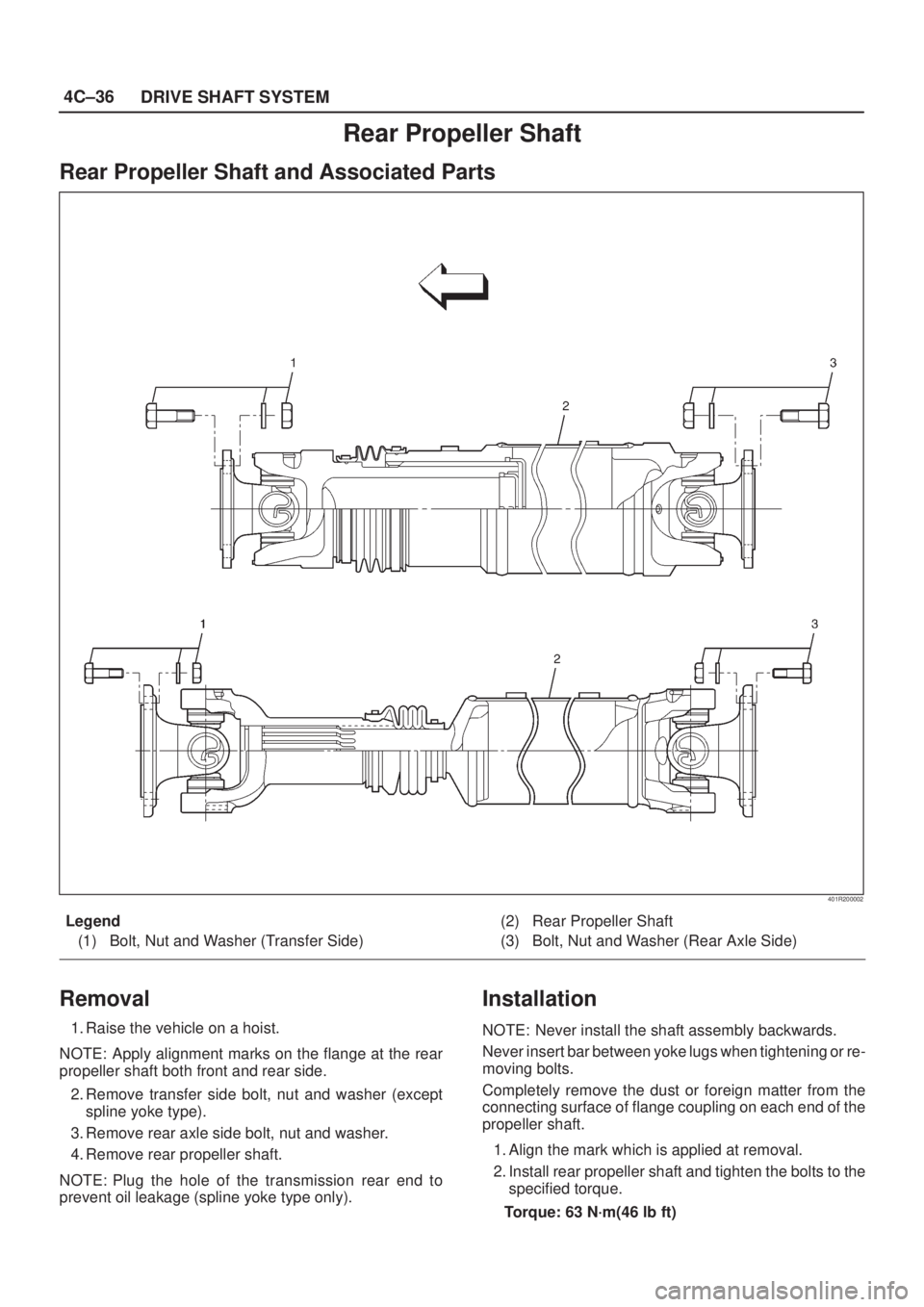 ISUZU AXIOM 2002  Service Repair Manual 4C±36
DRIVE SHAFT SYSTEM
Rear Propeller Shaft
Rear Propeller Shaft and Associated Parts
401R200002
Legend
(1) Bolt, Nut and Washer (Transfer Side)(2) Rear Propeller Shaft
(3) Bolt, Nut and Washer (Re