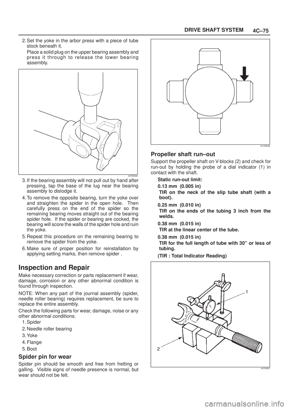 ISUZU AXIOM 2002 Service Repair Manual 4C±75 DRIVE SHAFT SYSTEM
2. Set the yoke in the arbor press with a piece of tube
stock beneath it.
Place a solid plug on the upper bearing assembly and
press it through to release the lower bearing
a ISUZU AXIOM 2002 Service Repair Manual 4C±75 DRIVE SHAFT SYSTEM
2. Set the yoke in the arbor press with a piece of tube
stock beneath it.
Place a solid plug on the upper bearing assembly and
press it through to release the lower bearing
a
