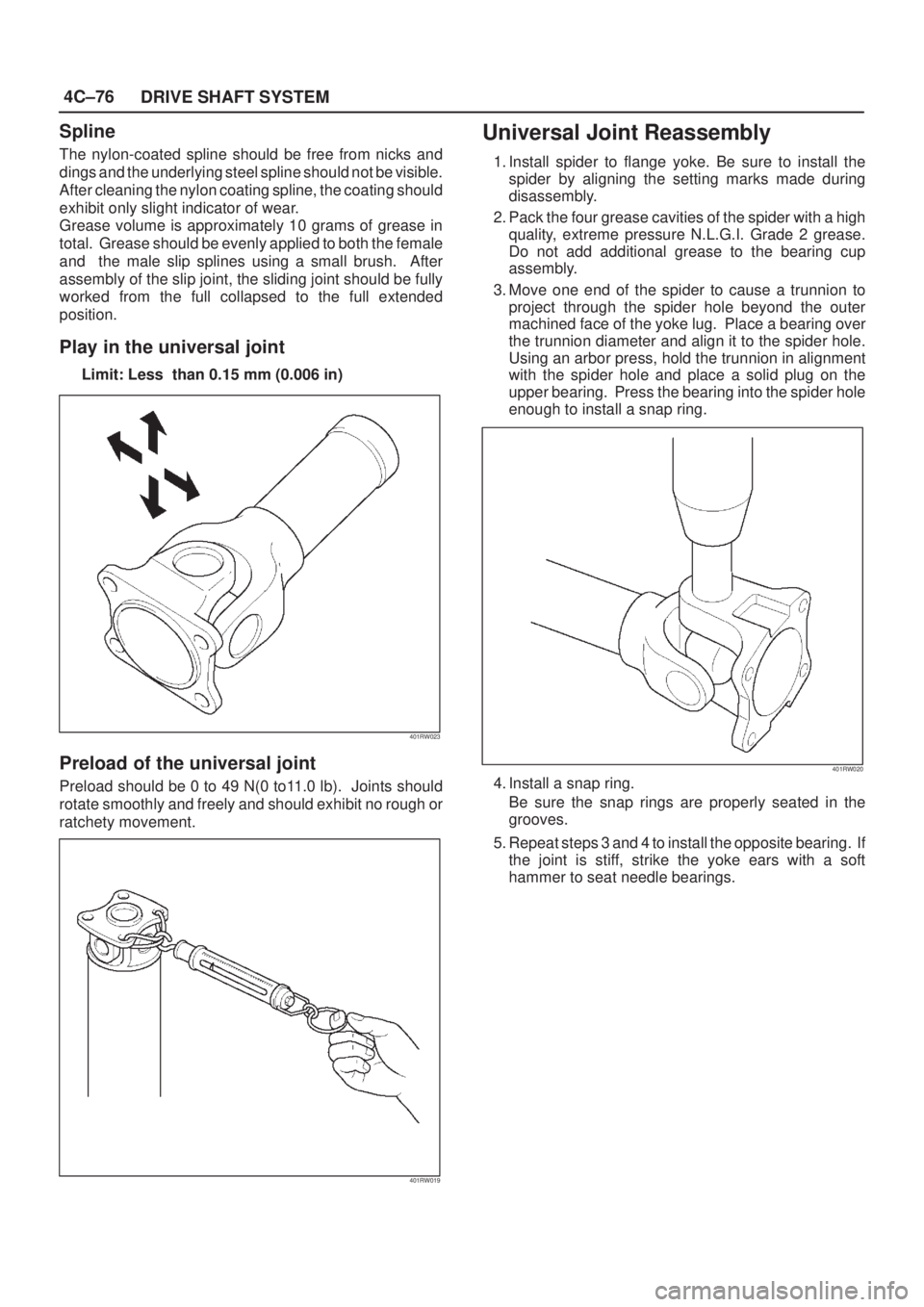 ISUZU AXIOM 2002  Service Repair Manual 4C±76
DRIVE SHAFT SYSTEM
Spline
The nylon-coated spline should be free from nicks and
dings and the underlying steel spline should not be visible.
After cleaning the nylon coating spline, the coating