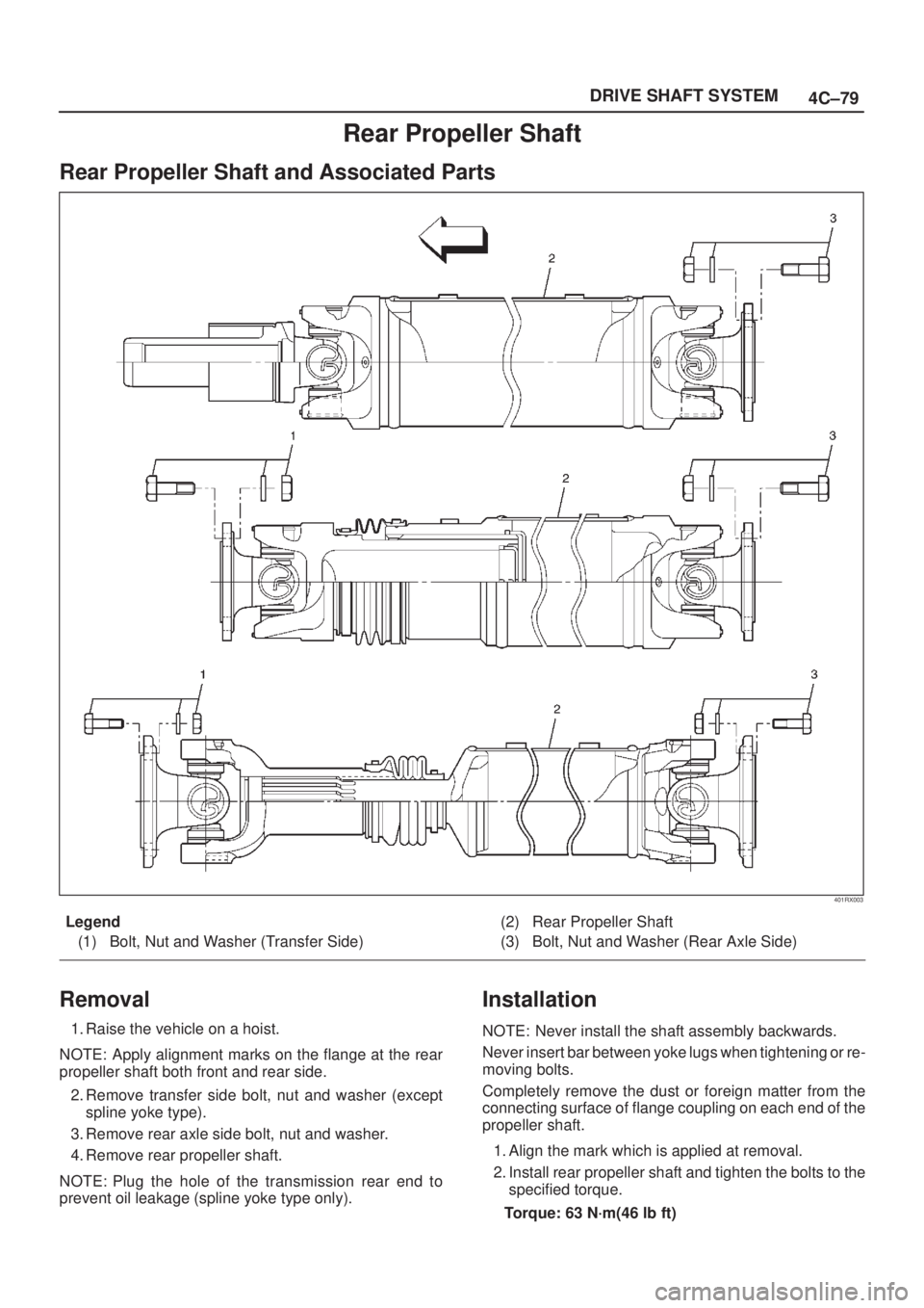 ISUZU AXIOM 2002  Service Repair Manual 4C±79 DRIVE SHAFT SYSTEM
Rear Propeller Shaft
Rear Propeller Shaft and Associated Parts
401RX003
Legend
(1) Bolt, Nut and Washer (Transfer Side)(2) Rear Propeller Shaft
(3) Bolt, Nut and Washer (Rear