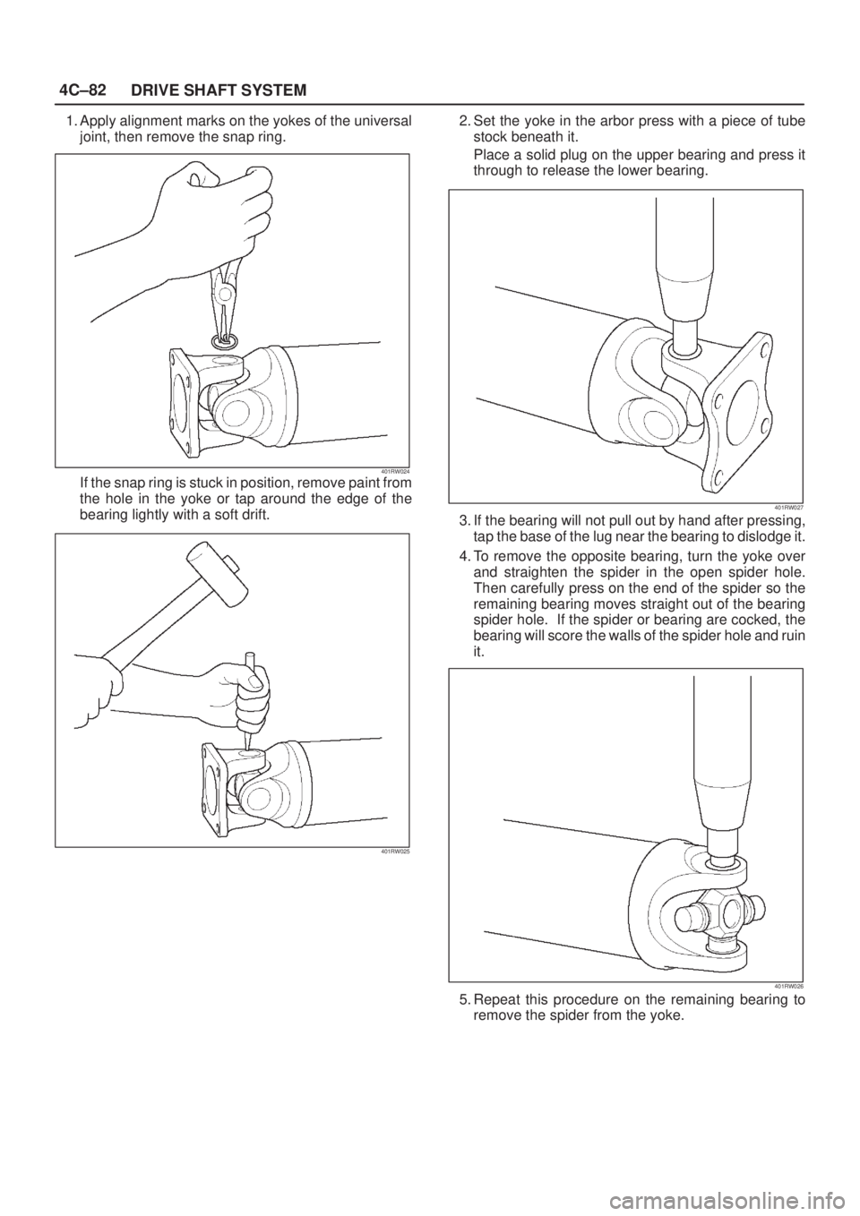 ISUZU AXIOM 2002  Service Repair Manual 4C±82
DRIVE SHAFT SYSTEM
1. Apply alignment marks on the yokes of the universal
joint, then remove the snap ring.
401RW024If the snap ring is stuck in position, remove paint from
the hole in the yoke