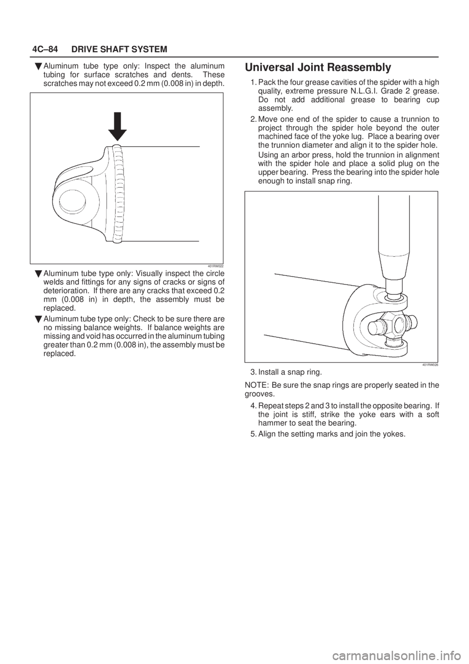 ISUZU AXIOM 2002  Service Repair Manual 4C±84
DRIVE SHAFT SYSTEM
Aluminum tube type only: Inspect the aluminum
tubing for surface scratches and dents.  These
scratches may not exceed 0.2 mm (0.008 in) in depth.
401RW022
Aluminum tube typ