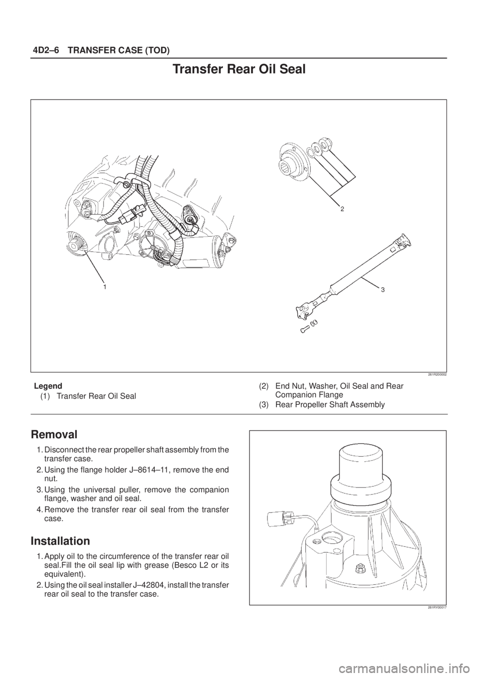 ISUZU AXIOM 2002  Service Repair Manual 4D2±6
TRANSFER CASE (TOD)
Transfer Rear Oil Seal
261R200002
Legend
(1) Transfer Rear Oil Seal(2) End Nut, Washer, Oil Seal and Rear
Companion Flange
(3) Rear Propeller Shaft Assembly
Removal
1. Disco