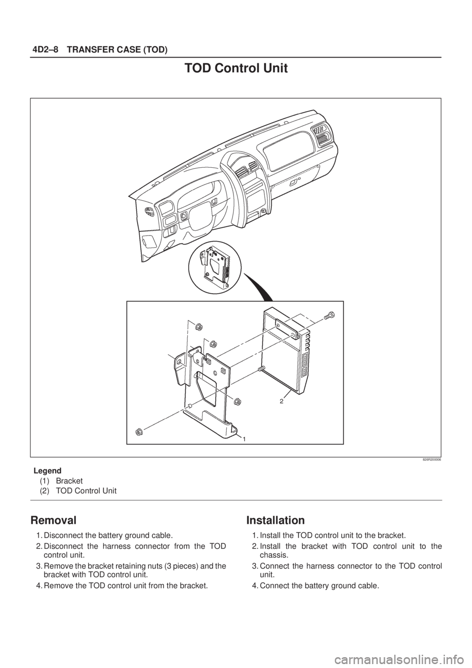 ISUZU AXIOM 2002  Service Repair Manual 4D2±8
TRANSFER CASE (TOD)
TOD Control Unit
826R200006
Legend
(1) Bracket
(2) TOD Control Unit
Removal
1. Disconnect the battery ground cable.
2. Disconnect the harness connector from the TOD
control 