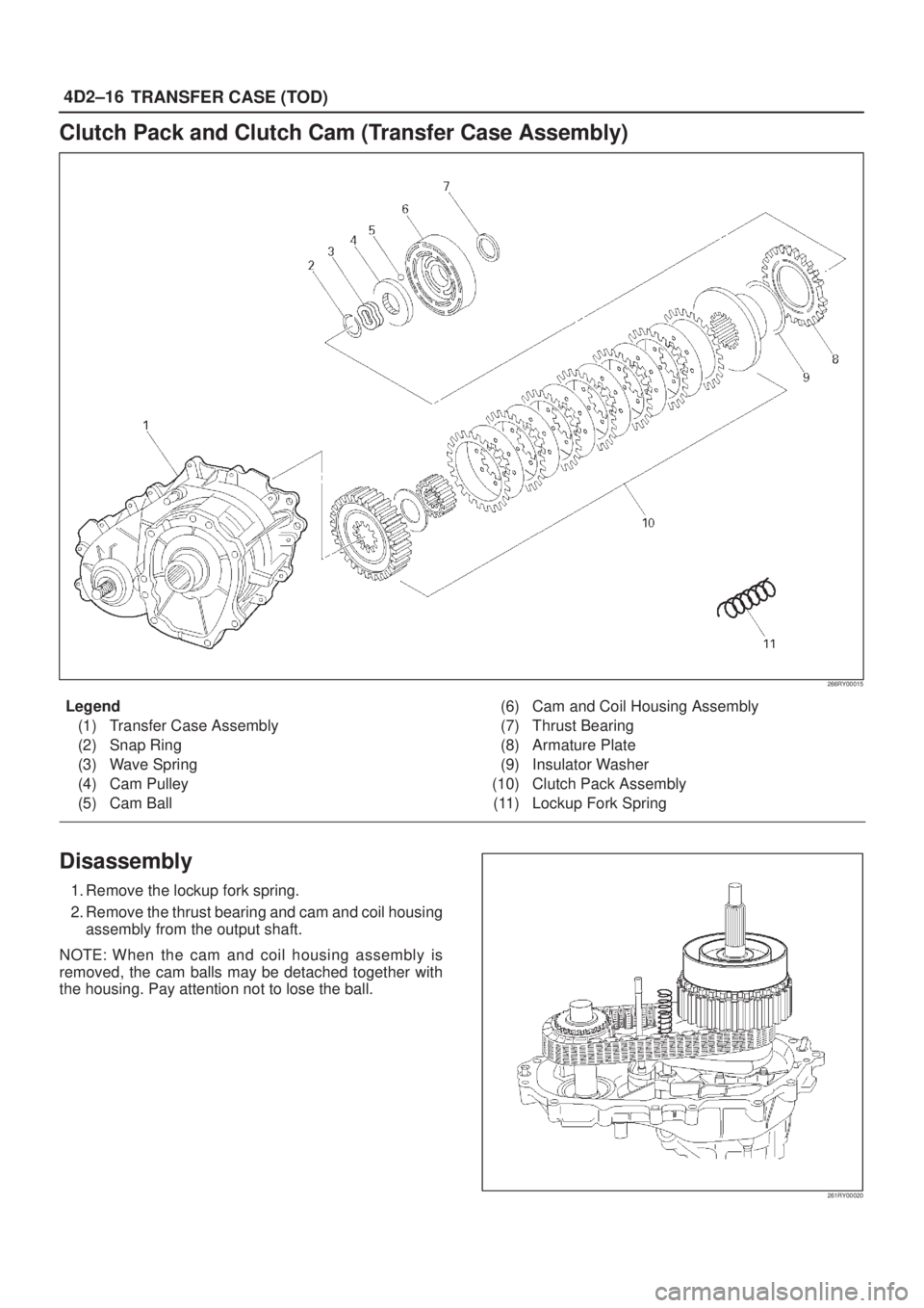 ISUZU AXIOM 2002  Service Repair Manual 4D2±16
TRANSFER CASE (TOD)
Clutch Pack and Clutch Cam (Transfer Case Assembly)
266RY00015
Legend
(1) Transfer Case Assembly
(2) Snap Ring
(3) Wave Spring
(4) Cam Pulley
(5) Cam Ball(6) Cam and Coil H