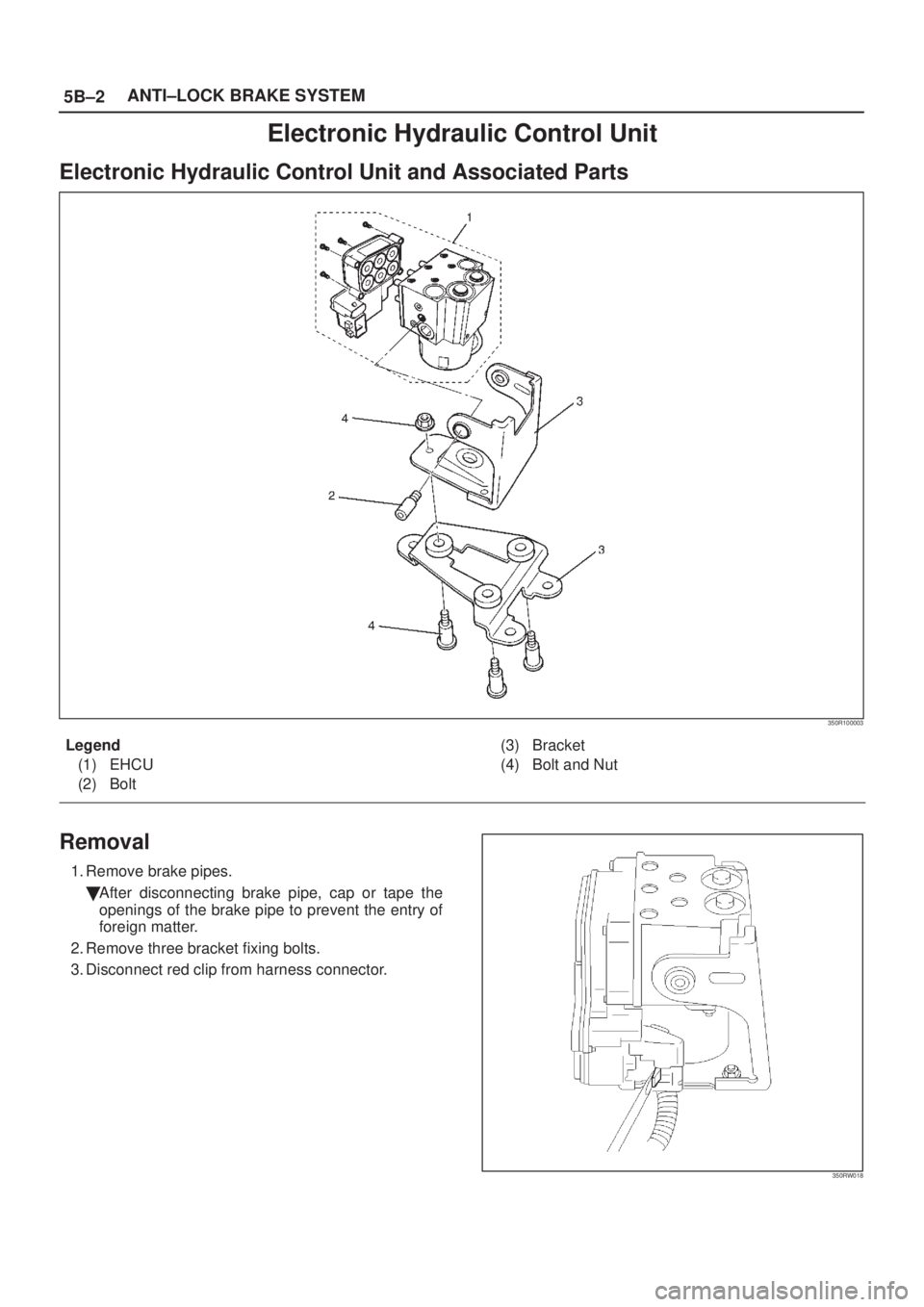 ISUZU AXIOM 2002  Service Repair Manual 5B±2ANTI±LOCK BRAKE SYSTEM
Electronic Hydraulic Control Unit
Electronic Hydraulic Control Unit and Associated Parts
350R100003
Legend
(1) EHCU
(2) Bolt(3) Bracket
(4) Bolt and Nut
Removal
1. Remove 