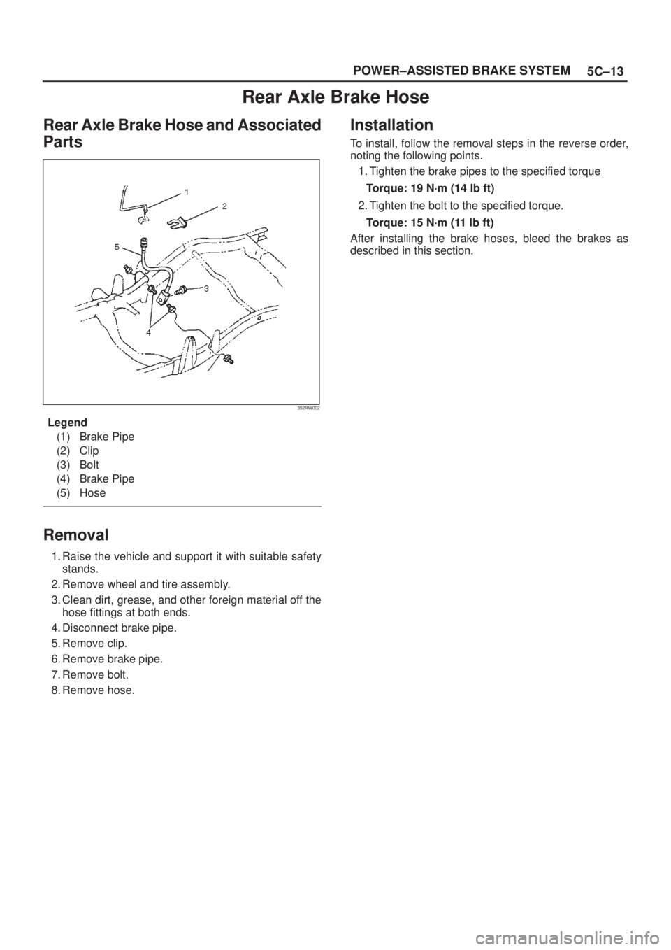 ISUZU AXIOM 2002  Service Repair Manual 5C±13 POWER±ASSISTED BRAKE SYSTEM
Rear Axle Brake Hose
Rear Axle Brake Hose and Associated
Parts
352RW002
Legend
(1) Brake Pipe
(2) Clip
(3) Bolt
(4) Brake Pipe
(5) Hose
Removal
1. Raise the vehicle