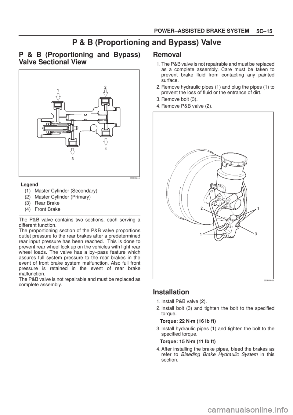 ISUZU AXIOM 2002  Service Repair Manual 5C±15 POWER±ASSISTED BRAKE SYSTEM
P & B (Proportioning and Bypass) Valve
P & B (Proportioning and Bypass)
Valve Sectional View
350RW014
Legend
(1) Master Cylinder (Secondary)
(2) Master Cylinder (Pr