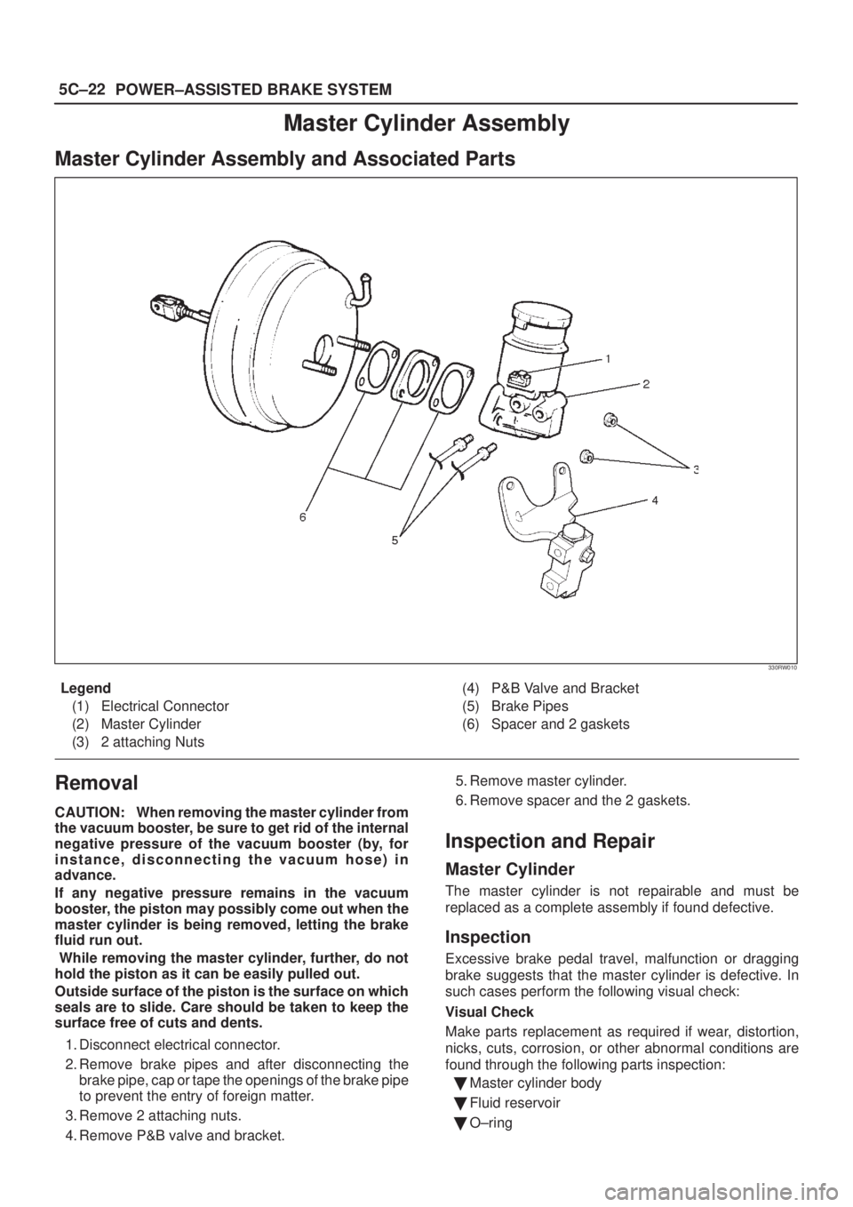 ISUZU AXIOM 2002  Service Repair Manual 5C±22
POWER±ASSISTED BRAKE SYSTEM
Master Cylinder Assembly
Master Cylinder Assembly and Associated Parts
330RW010
Legend
(1) Electrical Connector
(2) Master Cylinder
(3) 2 attaching Nuts(4) P&B Valv
