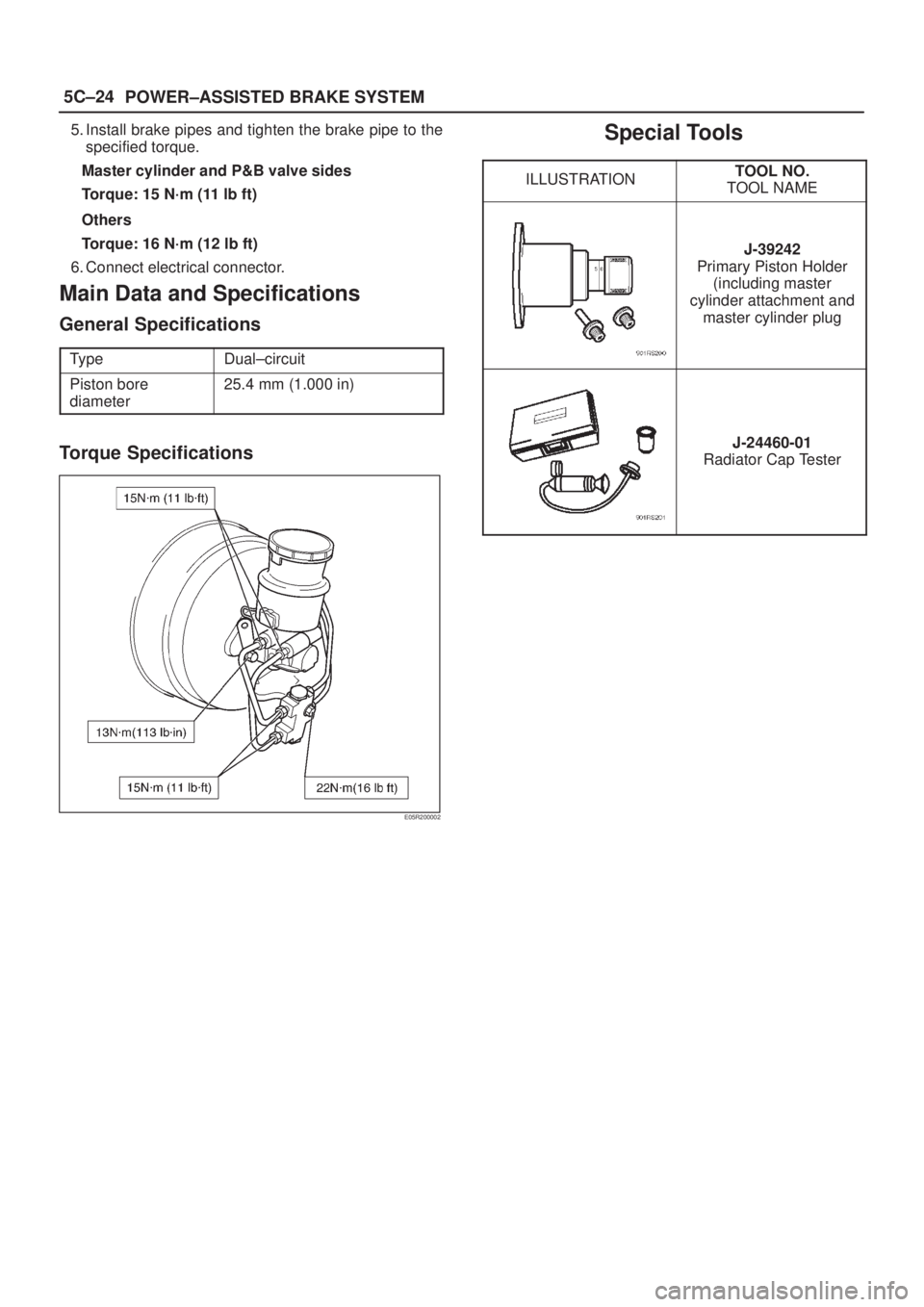 ISUZU AXIOM 2002  Service Repair Manual 5C±24
POWER±ASSISTED BRAKE SYSTEM
5. Install brake pipes and tighten the brake pipe to the
specified torque.
Master cylinder and P&B valve sides
Torque: 15 N´m (11 lb ft)
Others
Torque: 16 N´m (12