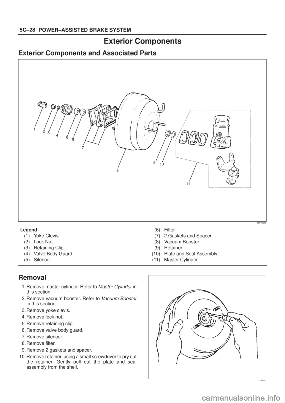ISUZU AXIOM 2002  Service Repair Manual 5C±28
POWER±ASSISTED BRAKE SYSTEM
Exterior Components
Exterior Components and Associated Parts
331RW006
Legend
(1) Yoke Clevis
(2) Lock Nut
(3) Retaining Clip
(4) Valve Body Guard
(5) Silencer(6) Fi
