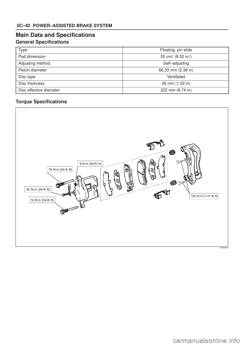 ISUZU AXIOM 2002  Service Repair Manual 5C±42
POWER±ASSISTED BRAKE SYSTEM
Main Data and Specifications
General Specifications
TypeFloating, pin slide
Pad dimension55 cm (8.52 in)
Adjusting methodSelf±adjusting
Piston diameter60.33 mm (