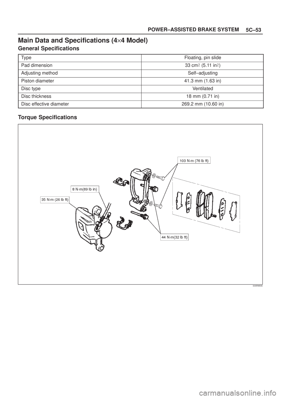 ISUZU AXIOM 2002  Service Repair Manual 5C±53 POWER±ASSISTED BRAKE SYSTEM
Main Data and Specifications (4y4 Model)
General Specifications
TypeFloating, pin slide
Pad dimension33 cm (5.11 in)
Adjusting methodSelf±adjusting
Piston diamet