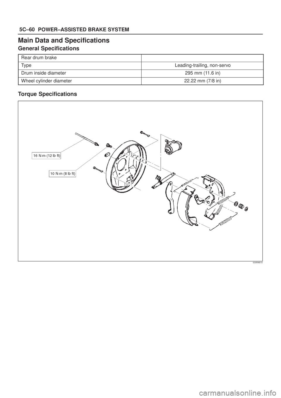 ISUZU AXIOM 2002  Service Repair Manual 5C±60
POWER±ASSISTED BRAKE SYSTEM
Main Data and Specifications
General Specifications
Rear drum brake
TypeLeading-trailing, non-servo
Drum inside diameter295 mm (11.6 in)
Wheel cylinder diameter22.2