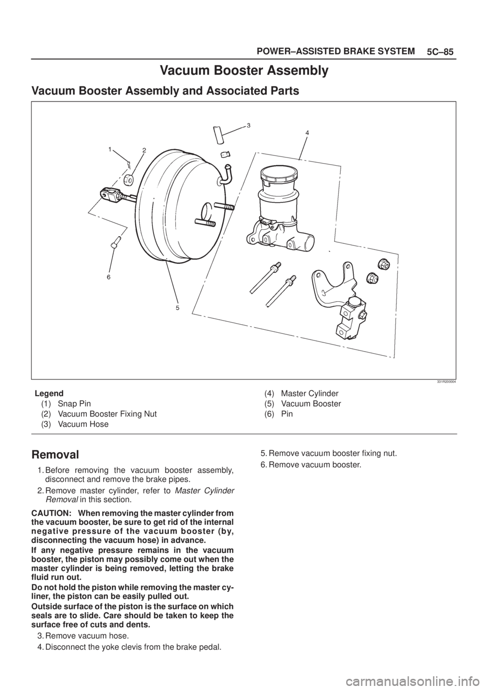 ISUZU AXIOM 2002  Service Repair Manual 5C±85 POWER±ASSISTED BRAKE SYSTEM
Vacuum Booster Assembly
Vacuum Booster Assembly and Associated Parts
331R200004
Legend
(1) Snap Pin
(2) Vacuum Booster Fixing Nut
(3) Vacuum Hose(4) Master Cylinder