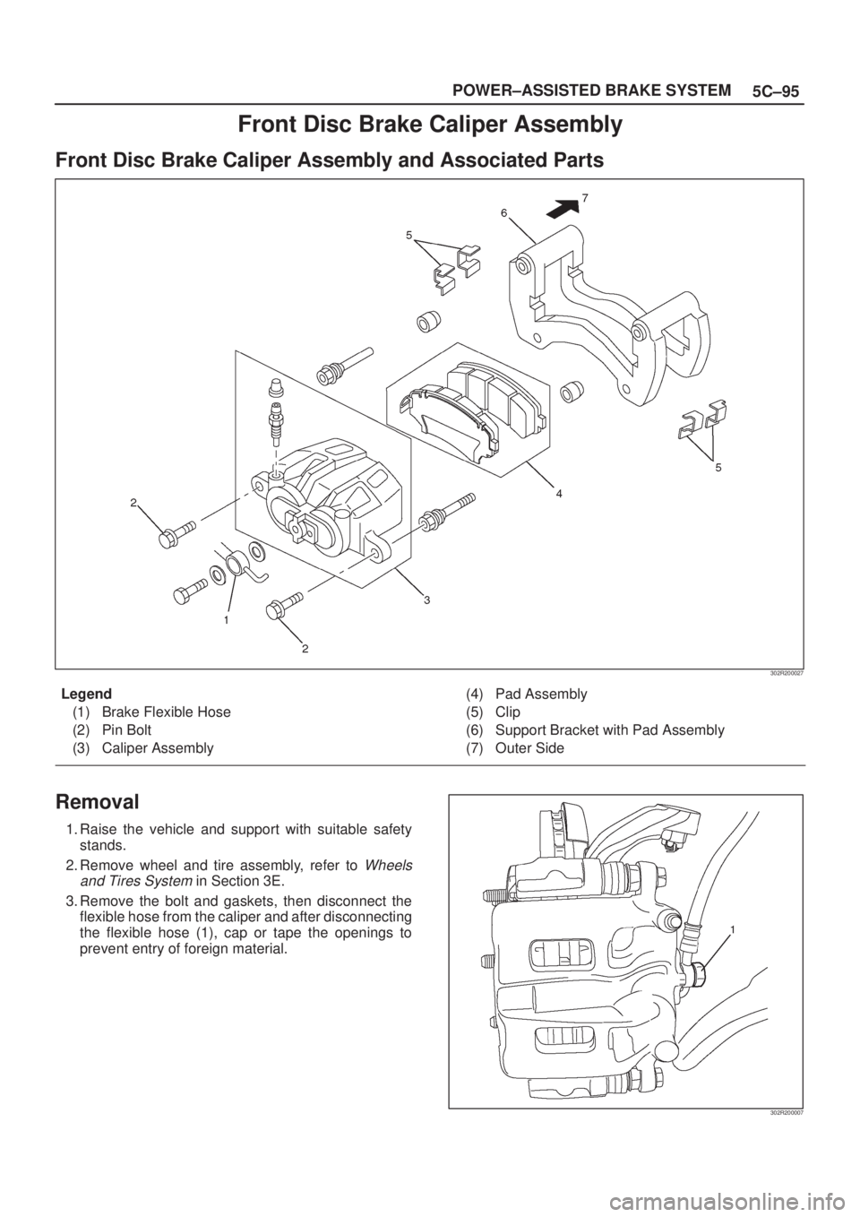 ISUZU AXIOM 2002  Service Repair Manual 5C±95 POWER±ASSISTED BRAKE SYSTEM
Front Disc Brake Caliper Assembly
Front Disc Brake Caliper Assembly and Associated Parts
302R200027
Legend
(1) Brake Flexible Hose
(2) Pin Bolt
(3) Caliper Assembly