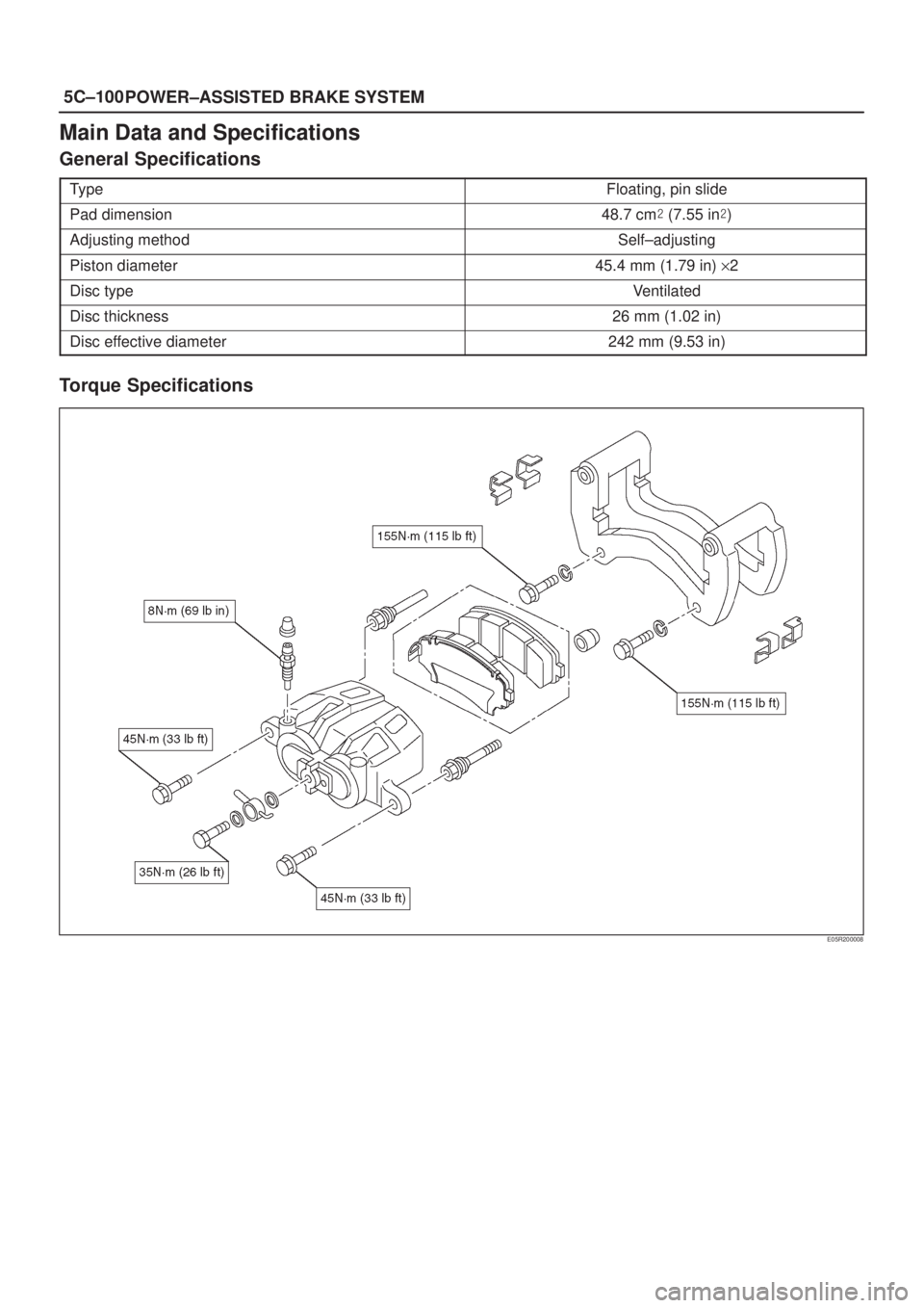 ISUZU AXIOM 2002  Service Repair Manual 5C±100
POWER±ASSISTED BRAKE SYSTEM
Main Data and Specifications
General Specifications
TypeFloating, pin slide
Pad dimension48.7 cm (7.55 in)
Adjusting methodSelf±adjusting
Piston diameter45.4 mm