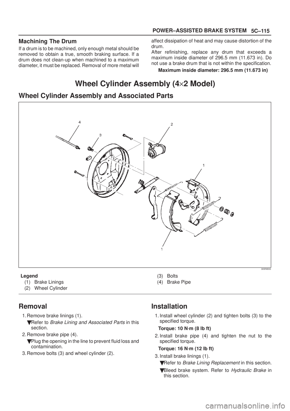 ISUZU AXIOM 2002  Service Repair Manual 5C±115 POWER±ASSISTED BRAKE SYSTEM
Machining The Drum
If a drum is to be machined, only enough metal should be
removed to obtain a true, smooth braking surface. If a
drum does not clean-up when mach