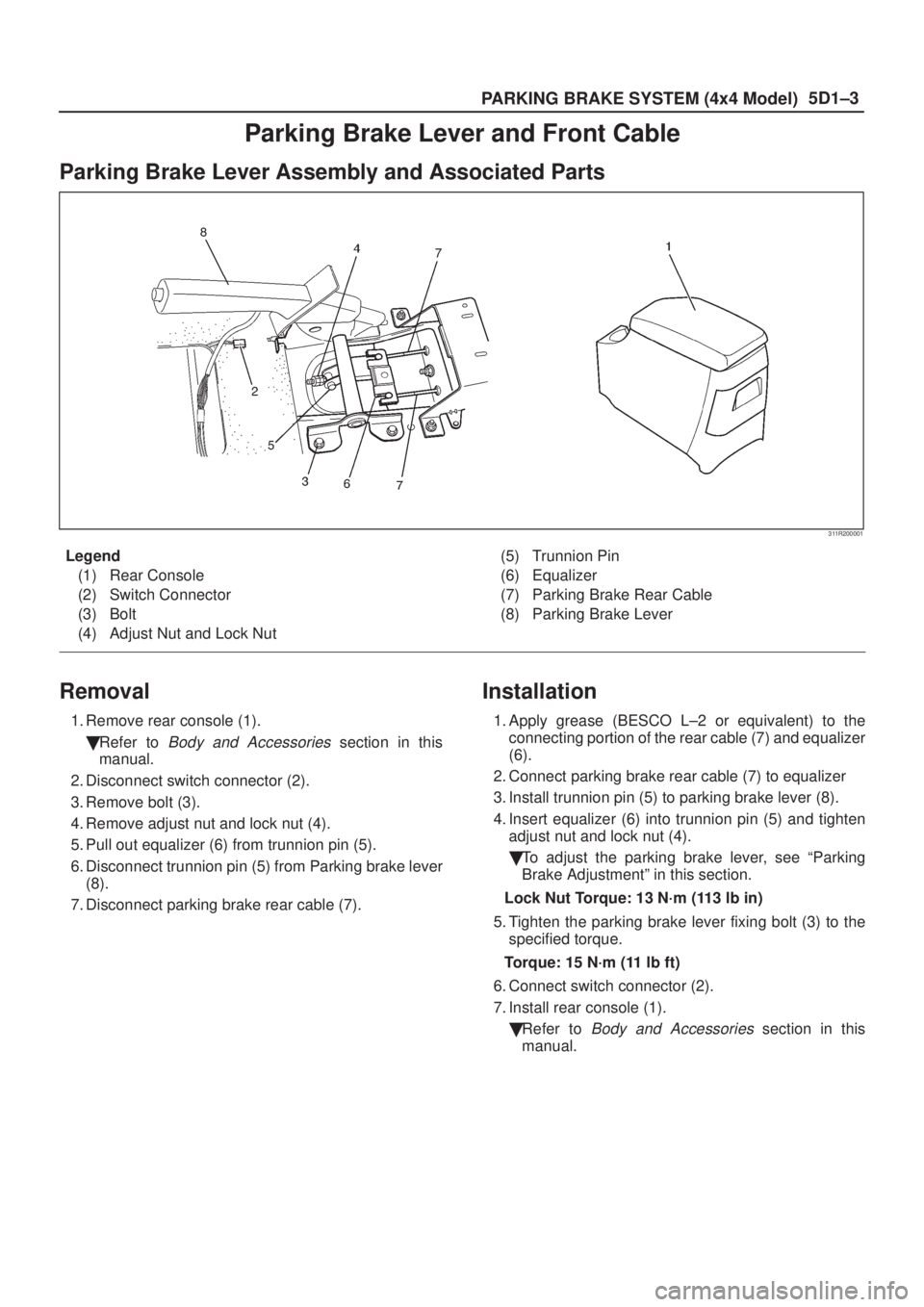 ISUZU AXIOM 2002  Service Repair Manual 5D1±3
PARKING BRAKE SYSTEM (4x4 Model)
Parking Brake Lever and Front Cable
Parking Brake Lever Assembly and Associated Parts
311R200001
Legend
(1) Rear Console
(2) Switch Connector
(3) Bolt
(4) Adjus