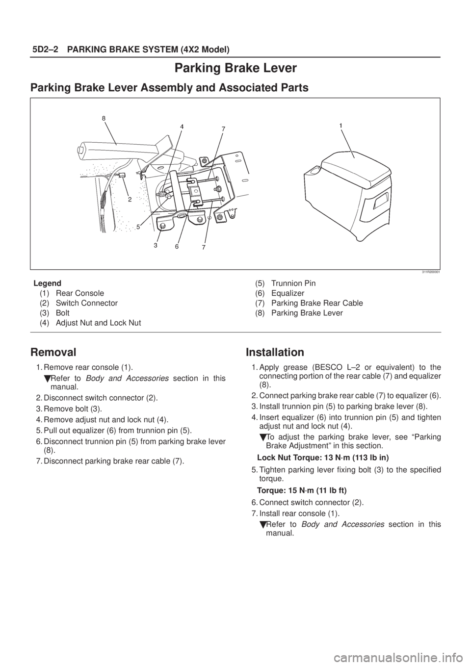 ISUZU AXIOM 2002  Service Repair Manual 5D2±2
PARKING BRAKE SYSTEM (4X2 Model)
Parking Brake Lever
Parking Brake Lever Assembly and Associated Parts
311R200001
Legend
(1) Rear Console
(2) Switch Connector
(3) Bolt
(4) Adjust Nut and Lock N