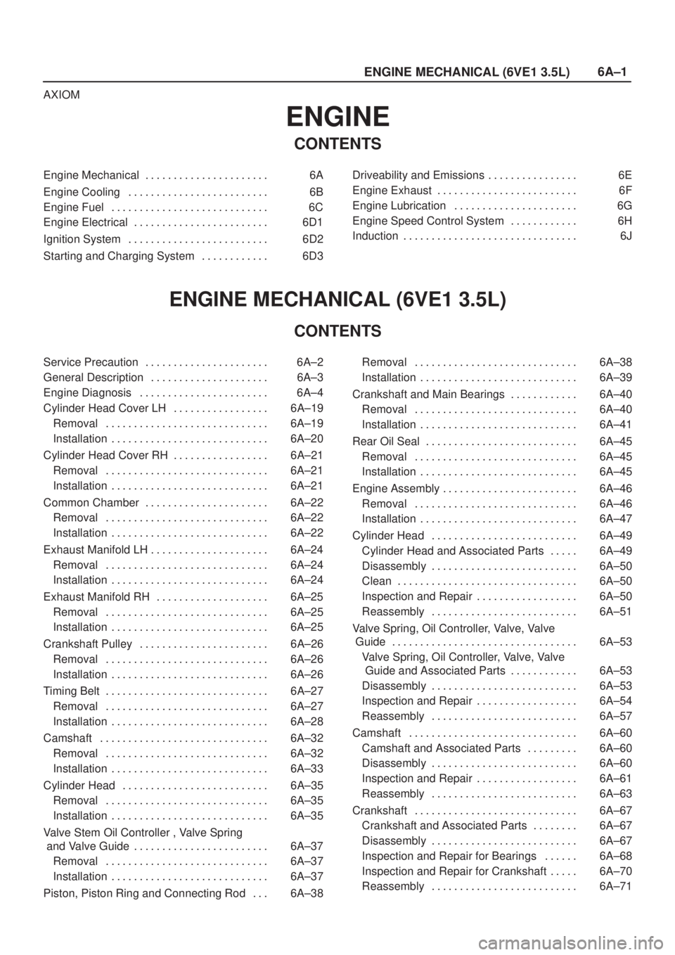 ISUZU AXIOM 2002  Service Repair Manual 6A±1
ENGINE MECHANICAL (6VE1 3.5L)
AXIOM
ENGINE
CONTENTS
Engine Mechanical 6A. . . . . . . . . . . . . . . . . . . . . . 
Engine Cooling 6B. . . . . . . . . . . . . . . . . . . . . . . . . 
Engine Fu
