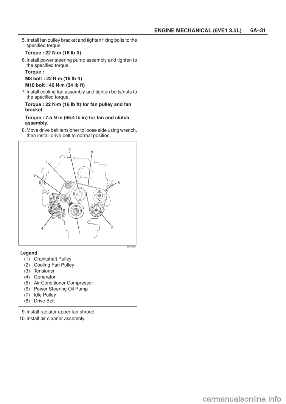 ISUZU AXIOM 2002  Service Repair Manual 6A±31
ENGINE MECHANICAL (6VE1 3.5L)
5. Install fan pulley bracket and tighten fixing bolts to the
specified torque.
Torque : 22 N´m (16 lb ft)
6. Install power steering pump assembly and tighten to
