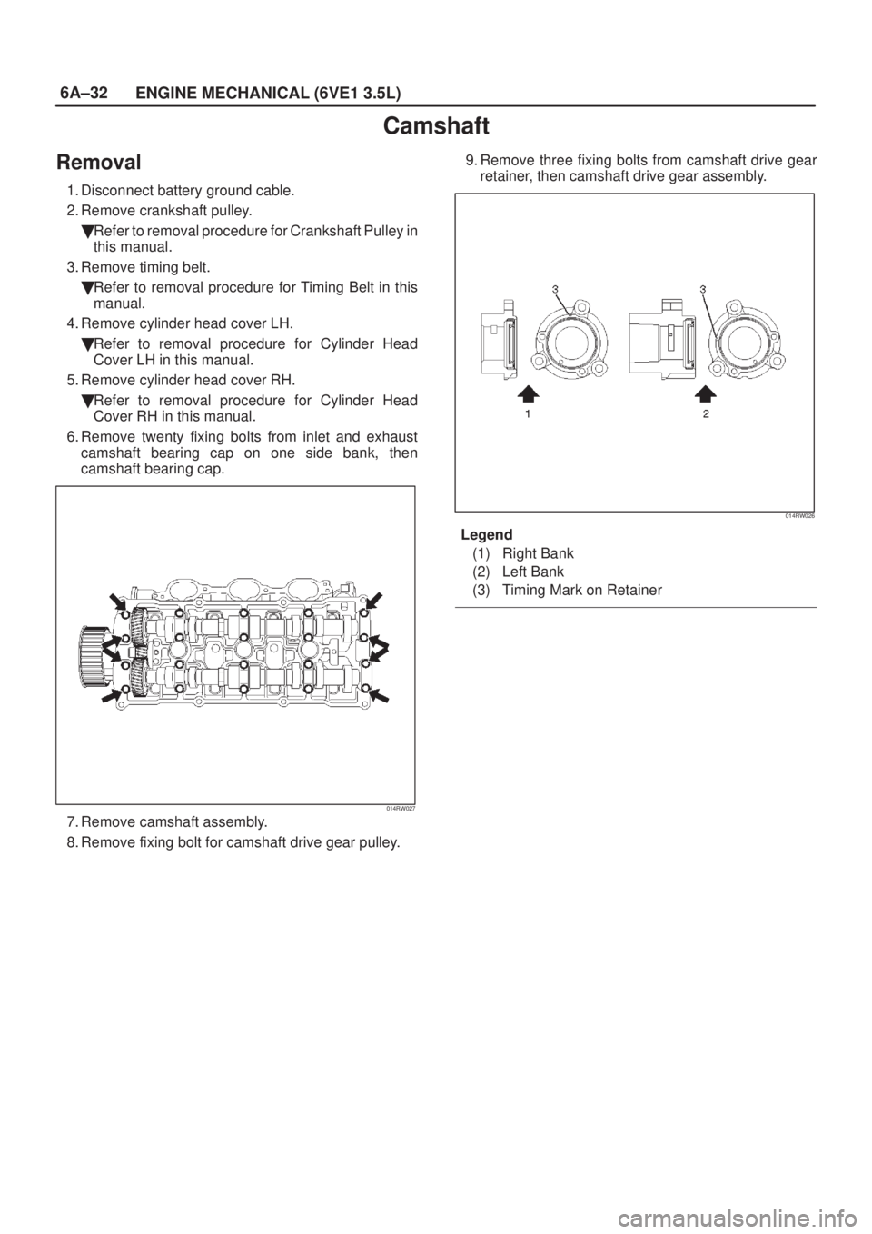 ISUZU AXIOM 2002  Service Repair Manual 6A±32
ENGINE MECHANICAL (6VE1 3.5L)
Camshaft
Removal
1. Disconnect battery ground cable.
2. Remove crankshaft pulley.
Refer to removal procedure for Crankshaft Pulley in
this manual.
3. Remove timin