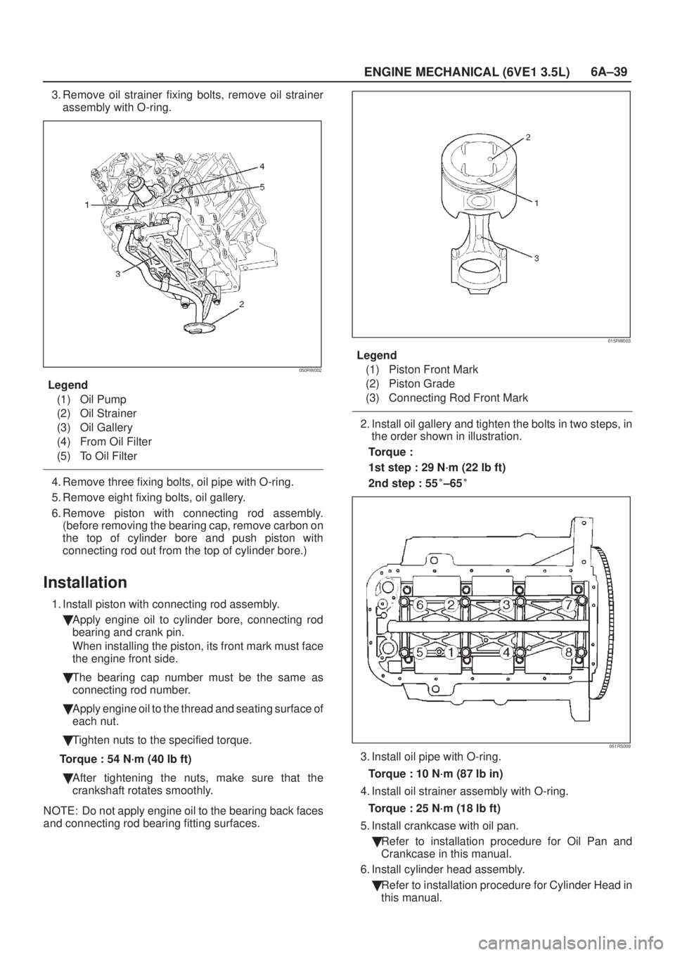 ISUZU AXIOM 2002  Service Repair Manual 6A±39
ENGINE MECHANICAL (6VE1 3.5L)
3. Remove oil strainer fixing bolts, remove oil strainer
assembly with O-ring.
050RW002
Legend
(1) Oil Pump
(2) Oil Strainer
(3) Oil Gallery
(4) From Oil Filter
(5