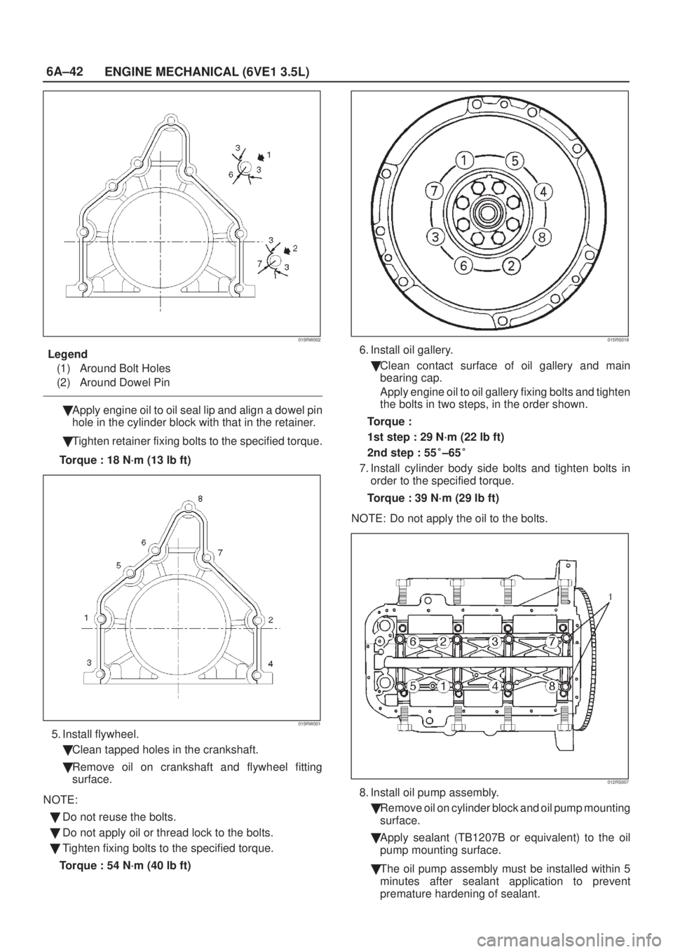 ISUZU AXIOM 2002  Service Repair Manual 6A±42
ENGINE MECHANICAL (6VE1 3.5L)
015RW002
Legend
(1) Around Bolt Holes
(2) Around Dowel Pin
Apply engine oil to oil seal lip and align a dowel pin
hole in the cylinder block with that in the reta