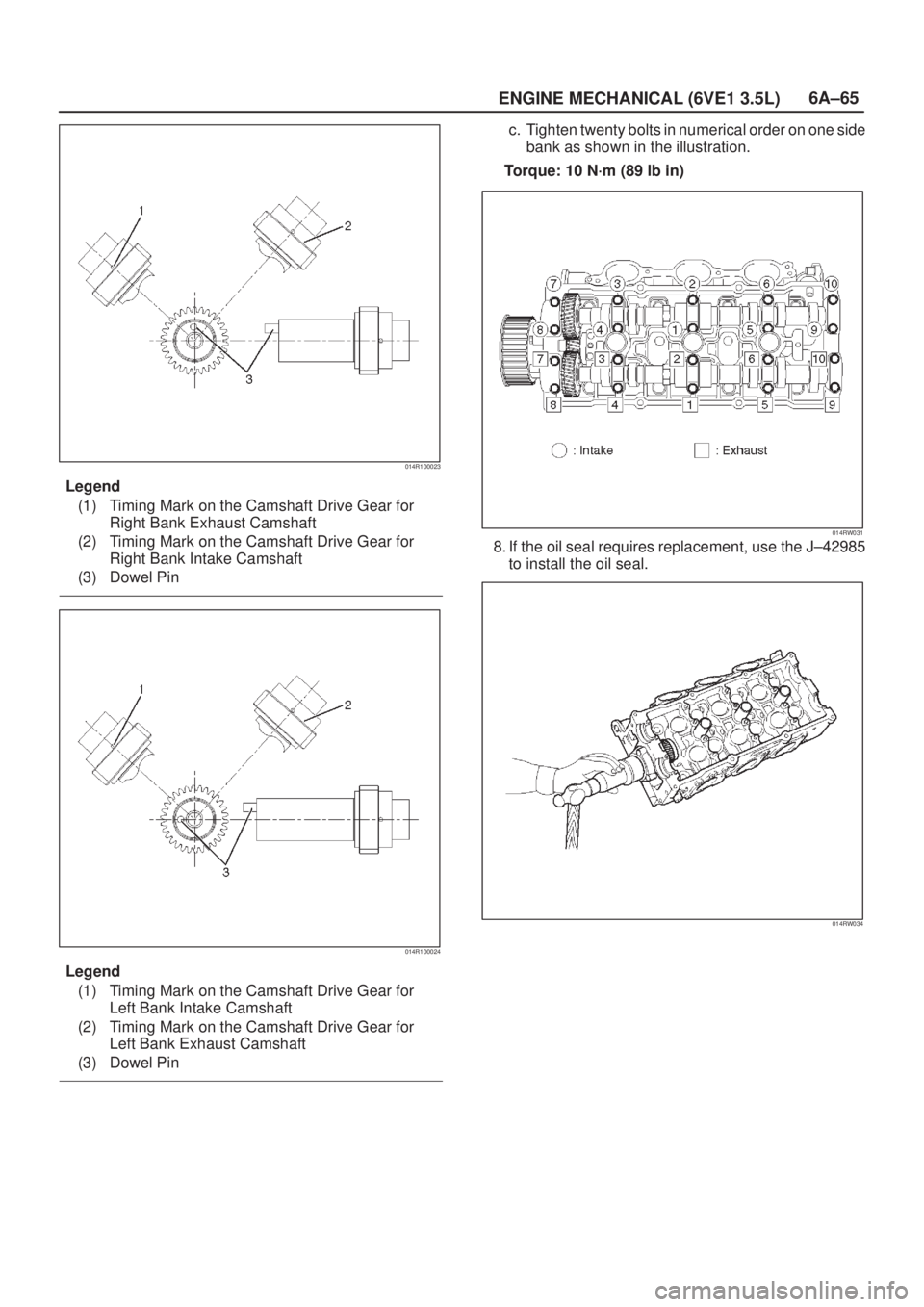 ISUZU AXIOM 2002  Service Repair Manual 6A±65
ENGINE MECHANICAL (6VE1 3.5L)
014R100023
Legend
(1) Timing Mark on the Camshaft Drive Gear for
Right Bank Exhaust Camshaft
(2) Timing Mark on the Camshaft Drive Gear for
Right Bank Intake Camsh