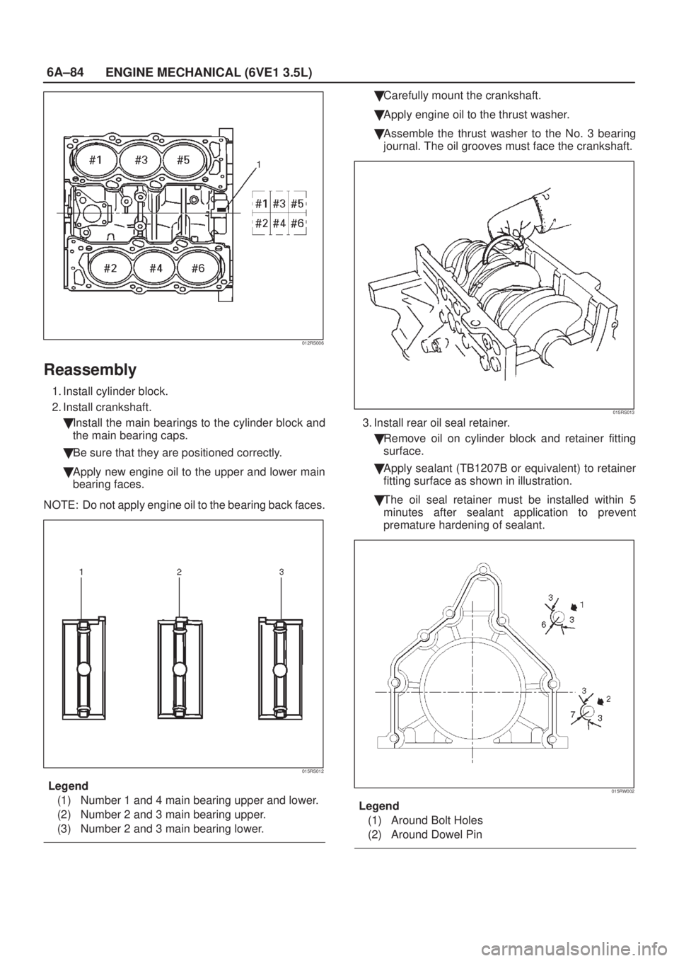 ISUZU AXIOM 2002  Service Repair Manual 6A±84
ENGINE MECHANICAL (6VE1 3.5L)
012RS006
Reassembly
1. Install cylinder block.
2. Install crankshaft.
Install the main bearings to the cylinder block and
the main bearing caps.
Be sure that the