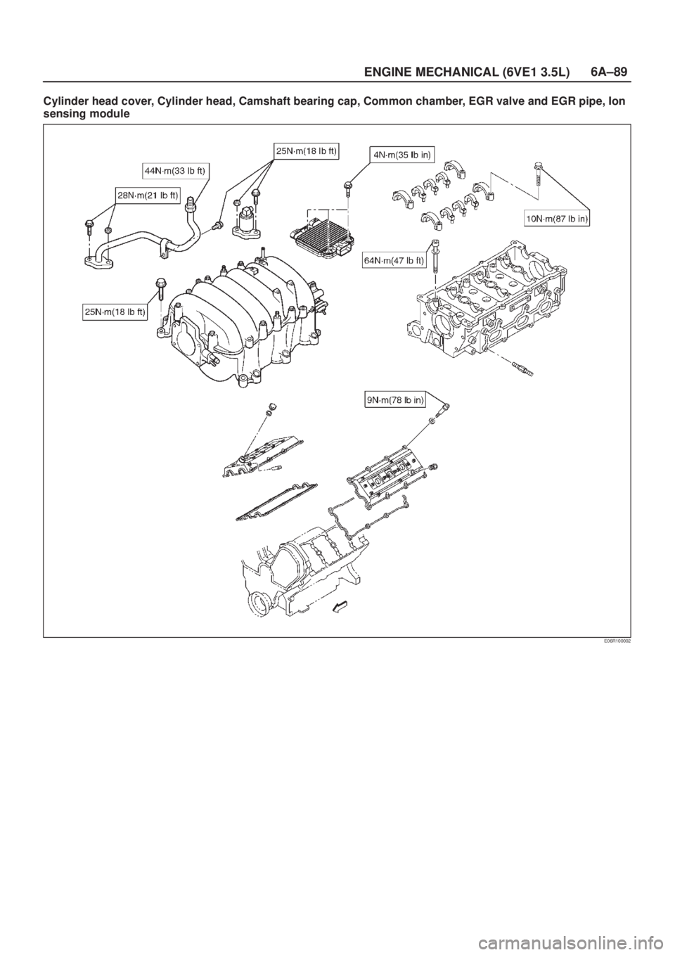 ISUZU AXIOM 2002  Service Repair Manual 6A±89
ENGINE MECHANICAL (6VE1 3.5L)
Cylinder head cover, Cylinder head, Camshaft bearing cap, Common chamber, EGR valve and EGR pipe, Ion
sensing module
E06R100002 
