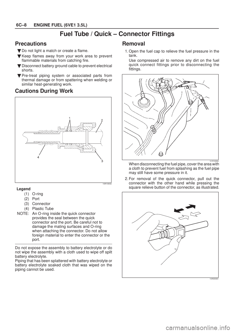 ISUZU AXIOM 2002  Service Repair Manual 6C±8
ENGINE FUEL (6VE1 3.5L)
Fuel Tube / Quick ± Connector Fittings
Precautions
Do not light a match or create a flame.
Keep flames away from your work area to prevent
flammable materials from cat
