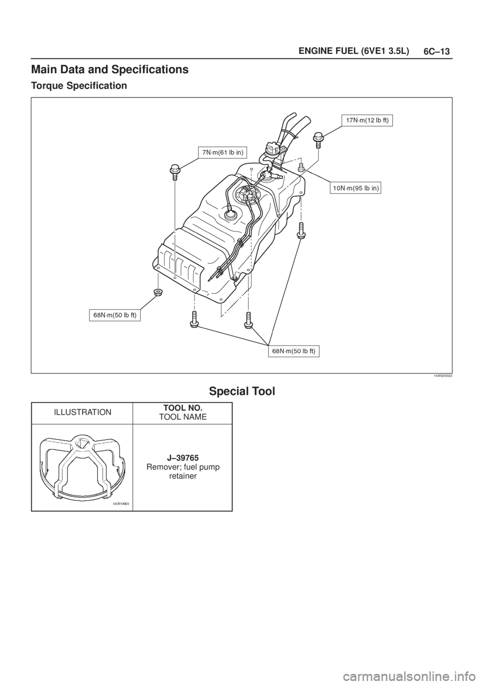 ISUZU AXIOM 2002  Service Repair Manual 6C±13 ENGINE FUEL (6VE1 3.5L)
Main Data and Specifications
Torque Specification
140R200023
Special Tool
ILLUSTRATIONTOOL NO.
TOOL NAME
J±39765
Remover; fuel pump
retainer 